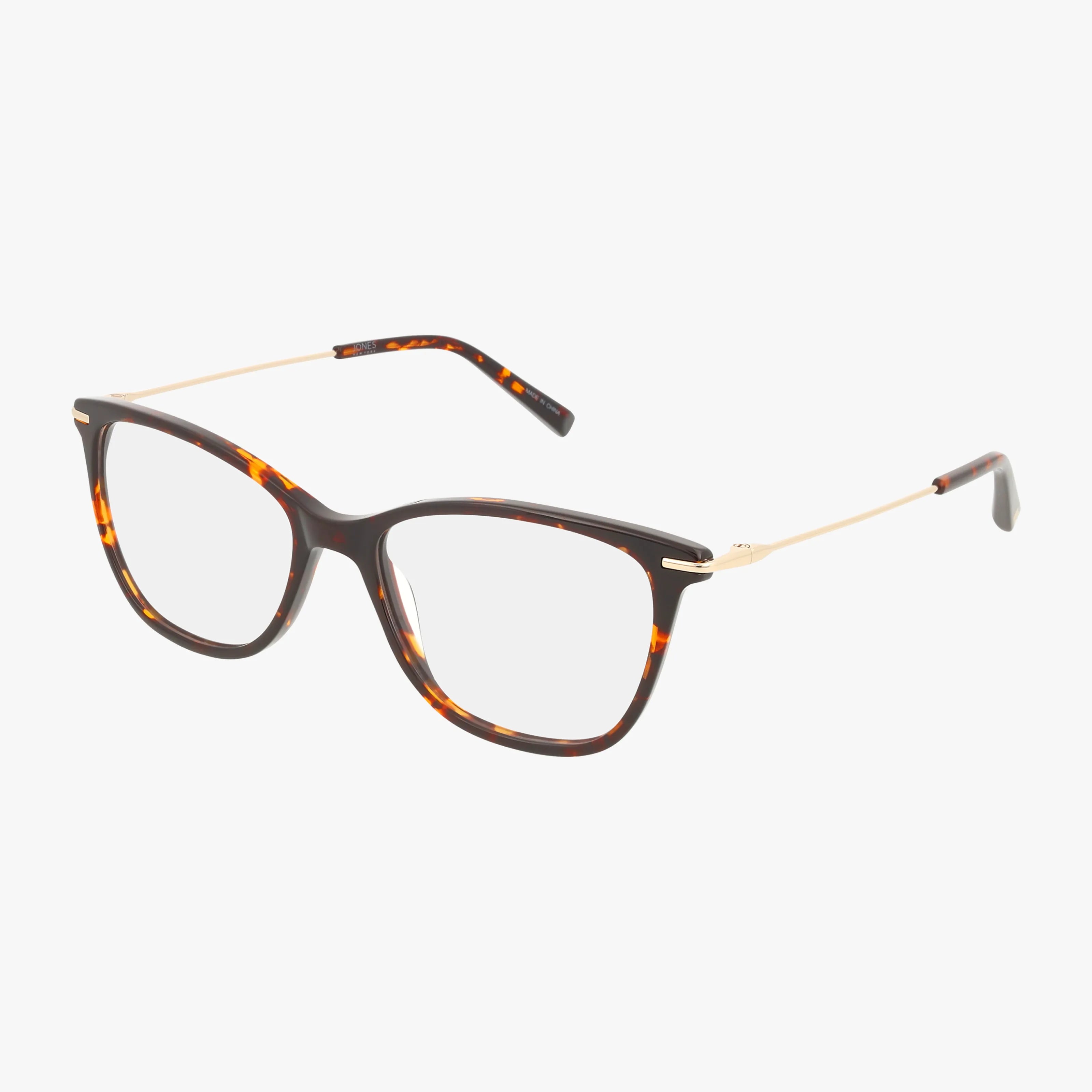 The J775 features tortoiseshell rectangular eyeglasses with a minimalist frame, thin gold metal arms, and clear lenses for modern durability, displayed on a white background.