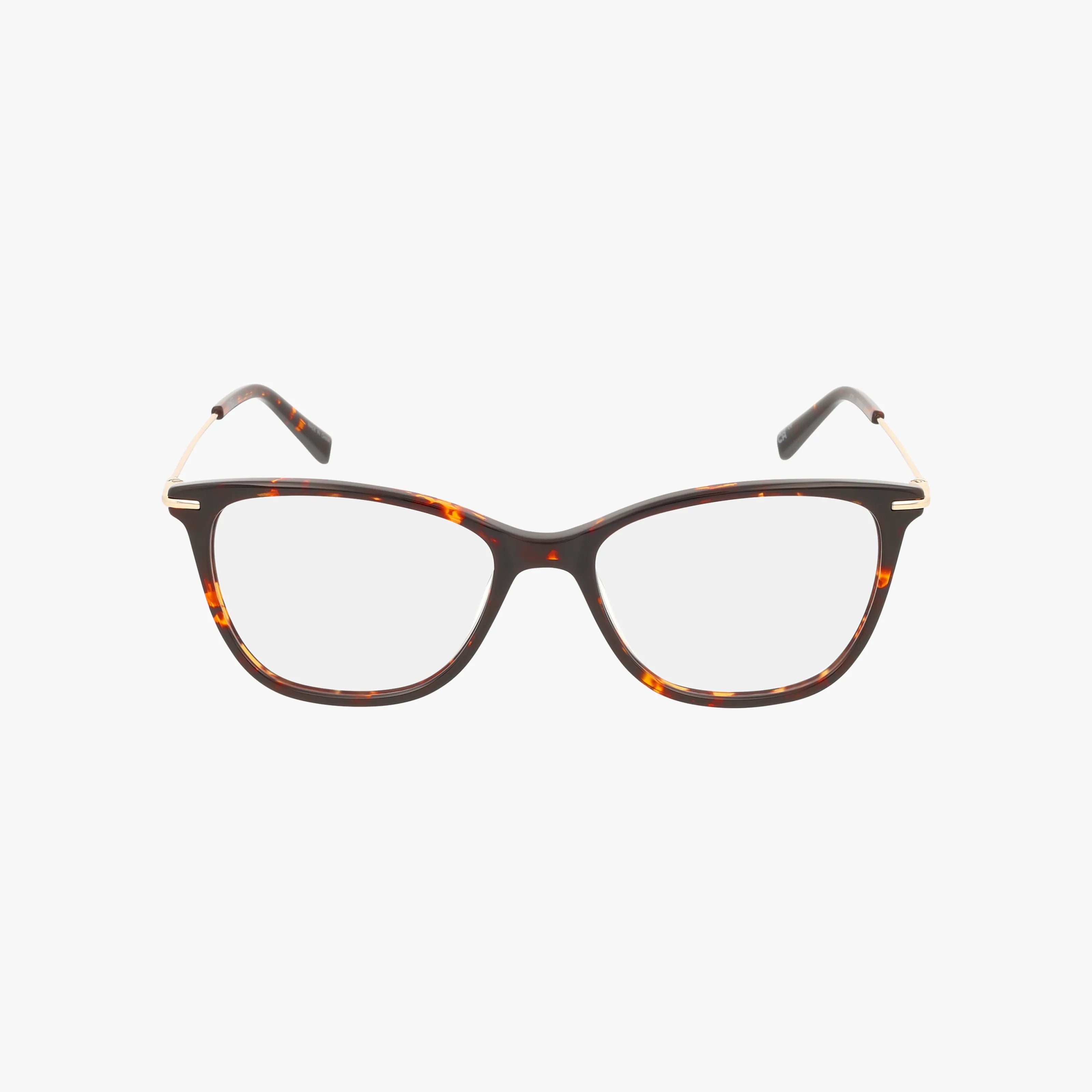 The J775 eyeglasses feature a rectangular tortoiseshell frame with gold temples, offering a minimalist look and modern durability, displayed on a white background.
