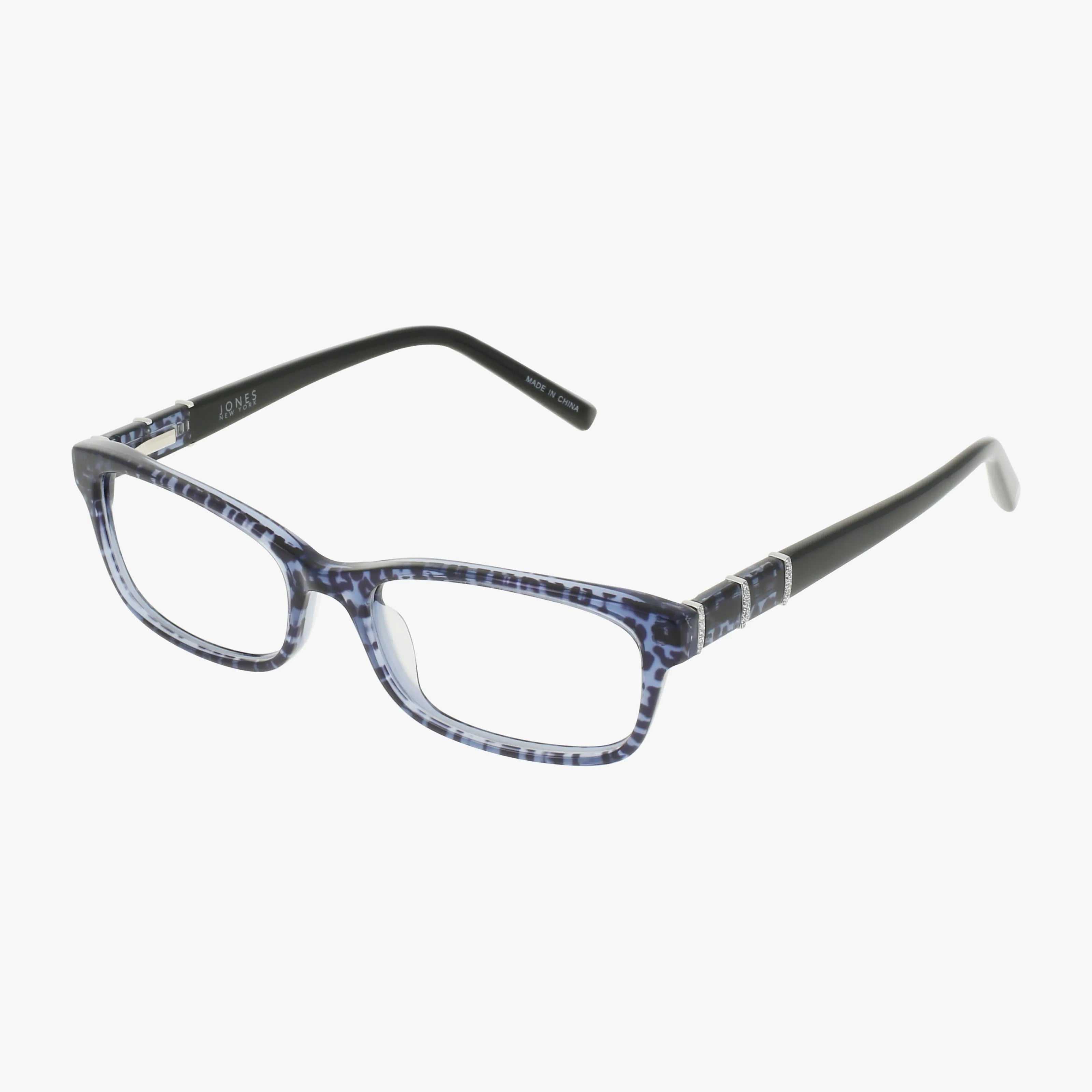 J243 rectangular eyeglasses with a chic blue and black patterned frame and solid black arms, displayed on a white background.