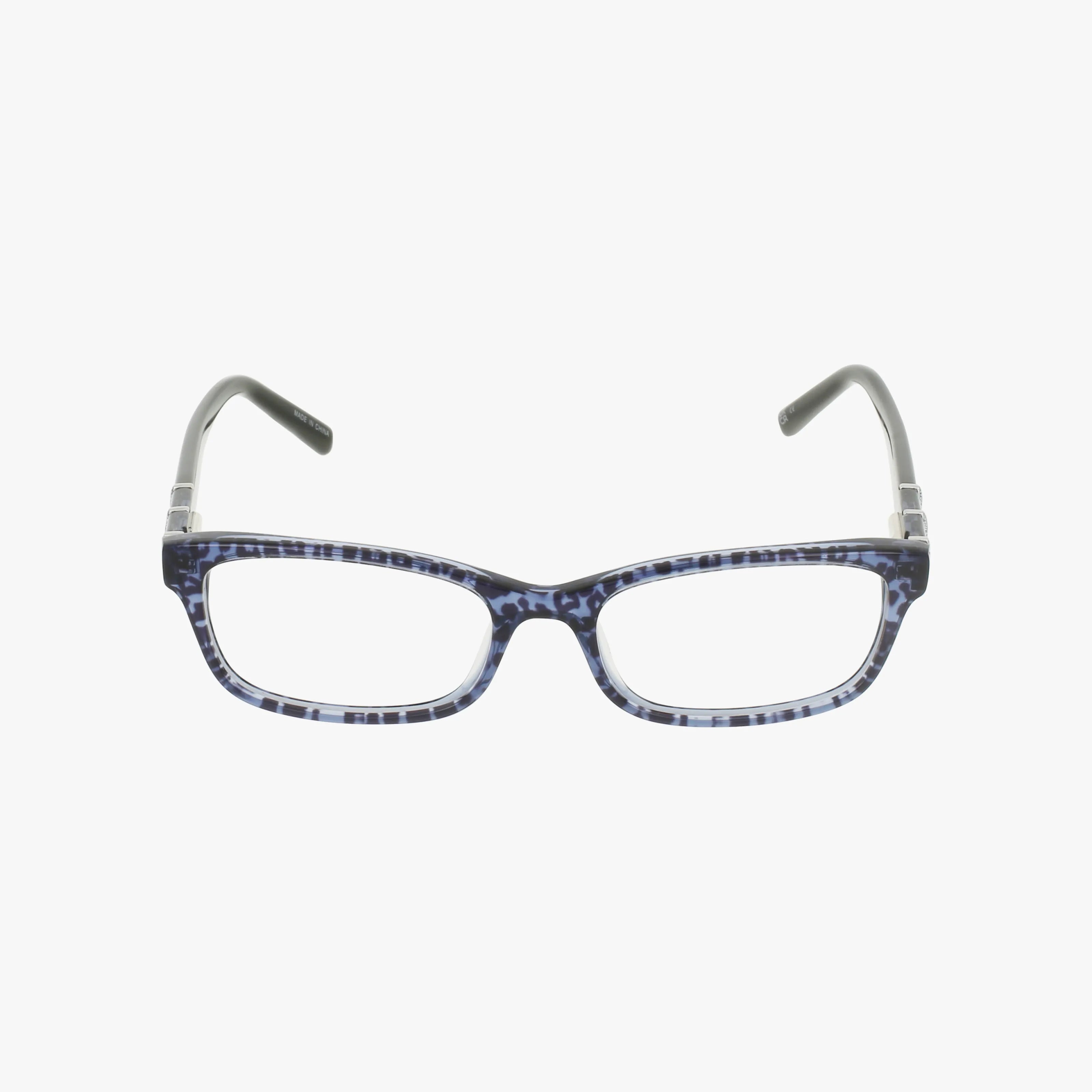 The J243 eyeglasses feature a chic blue and black patterned rectangular frame with clear lenses, displayed from the front against a white background.