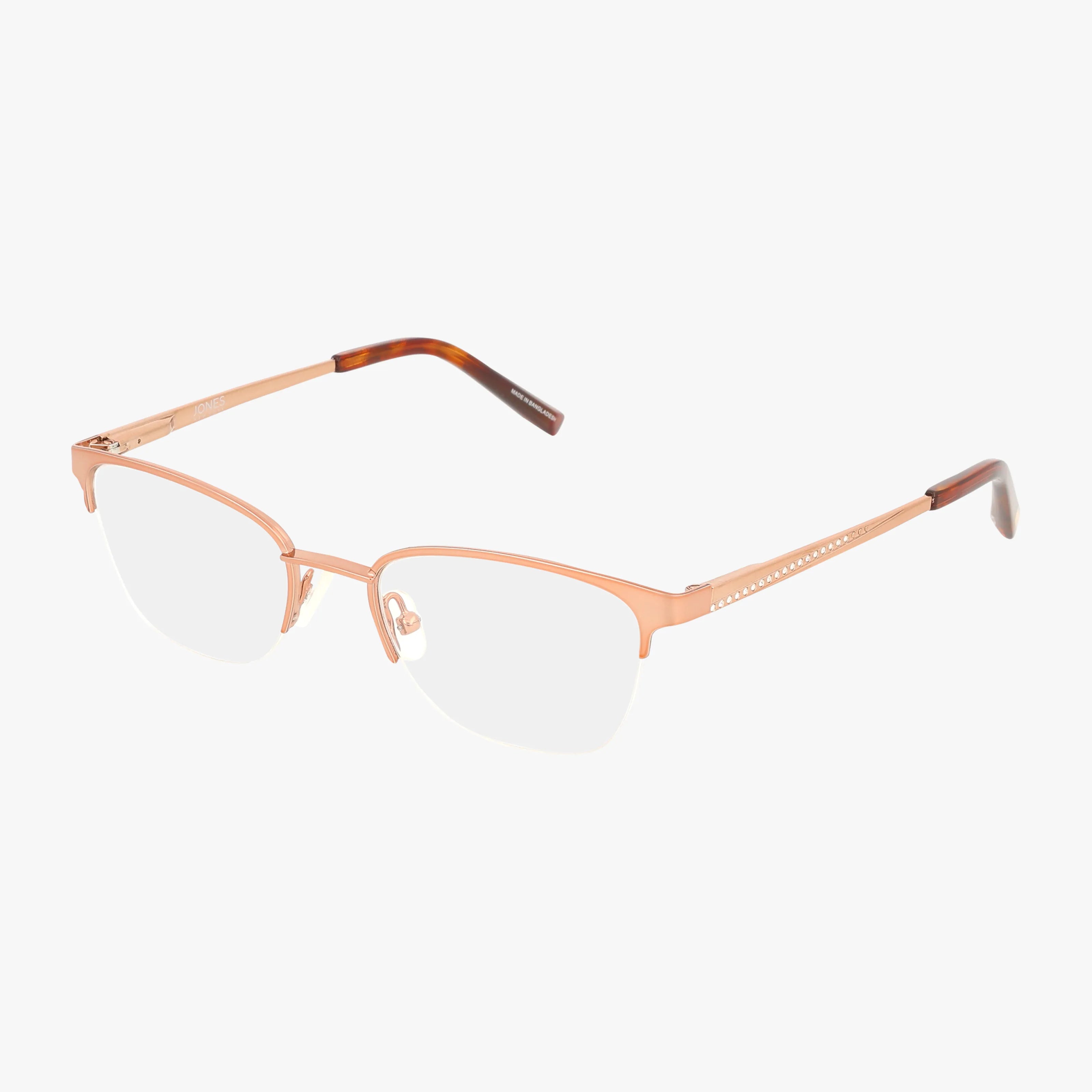 The VJOP153 eyeglasses feature a rose gold semi-rimless frame, clear or Transitions lenses, adjustable nose pads, and brown-tipped temples. Clear stone accents on the arms add style. Shown on a white background.