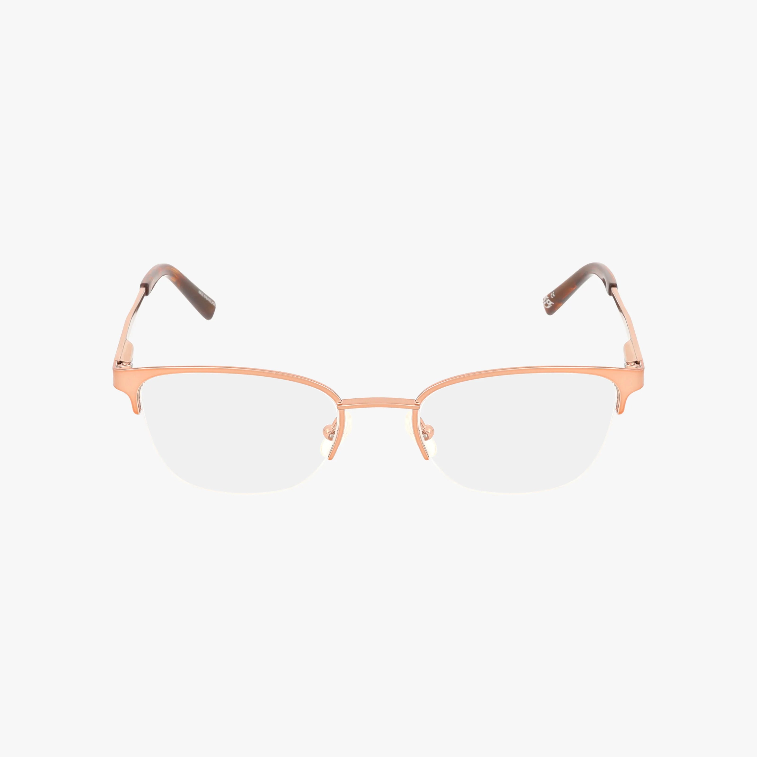 The VJOP153 eyeglasses feature a semi-rimless rose gold metal frame, clear Transitions lenses, and brown temple tips, offering stylish function. Shown on a plain white background.