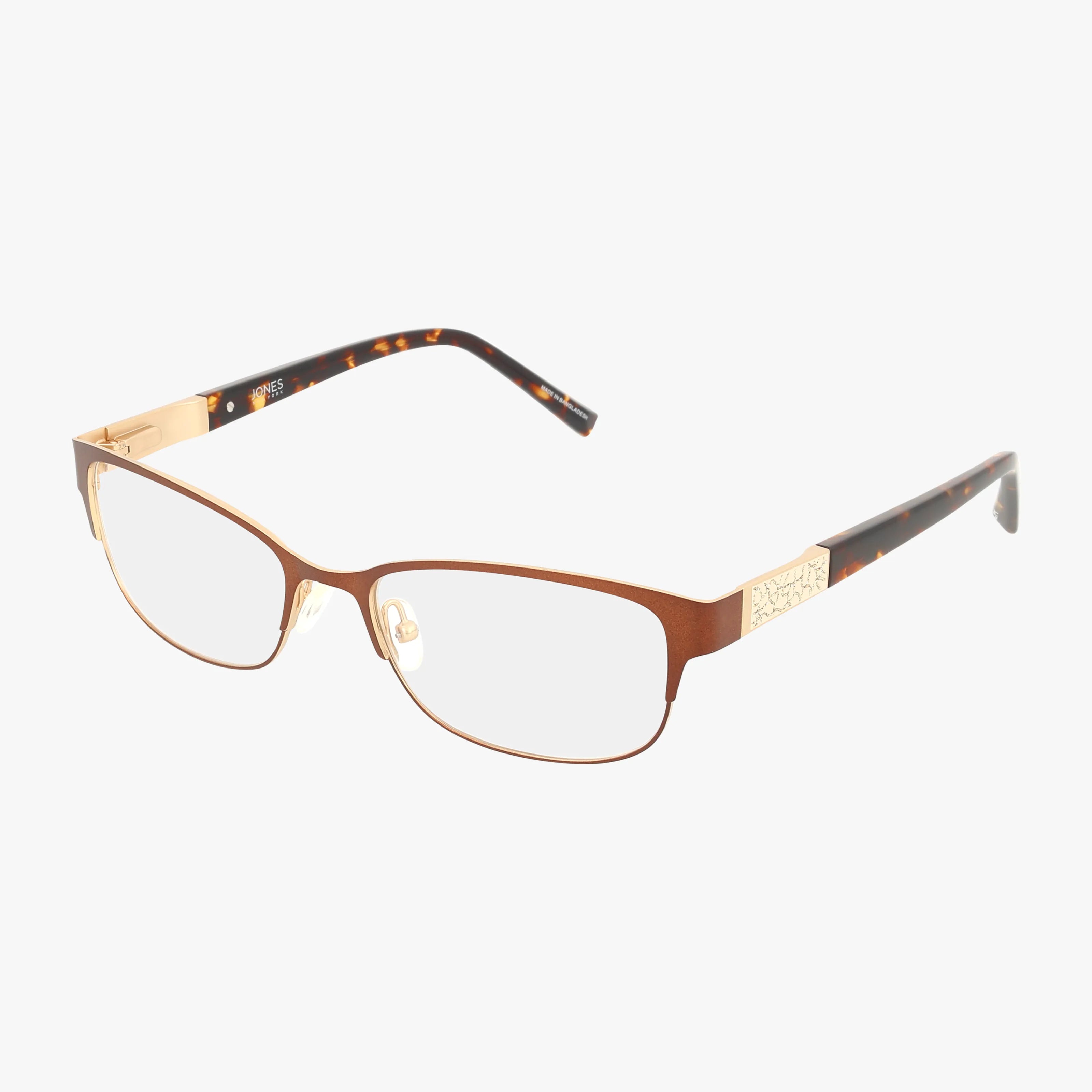 The VJON499 features a rectangular shape with a resilient brown metal frame, gold detailing on the temples, and tortoiseshell-patterned arms, shown against a white background.