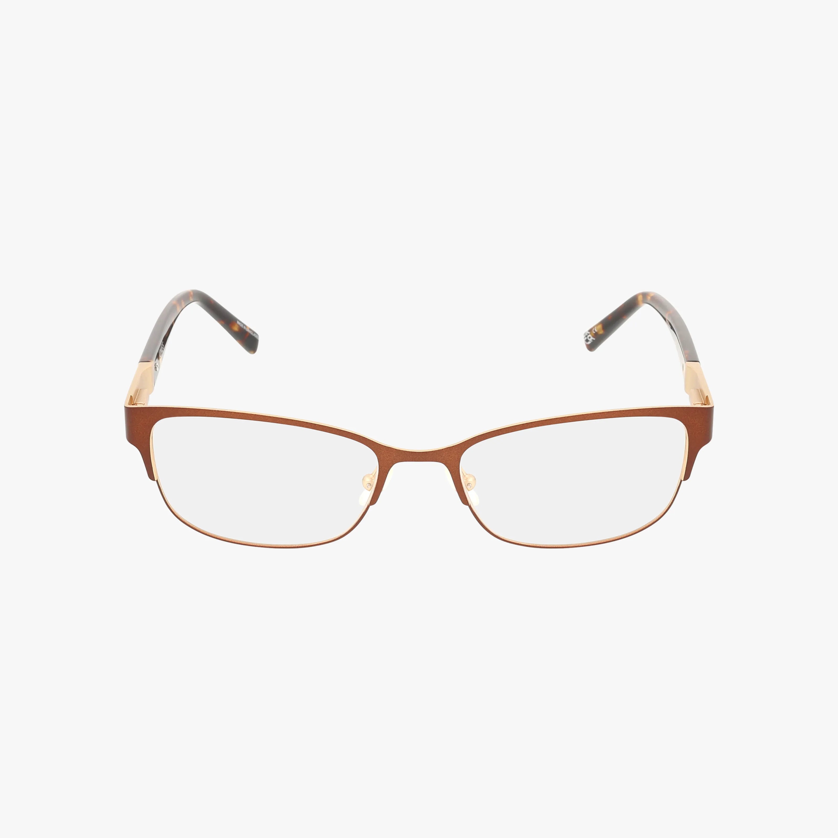 The VJON499 eyeglasses feature a brown rectangular contemporary design with clear lenses, a resilient frame, and translucent temple tips, displayed on a white background.