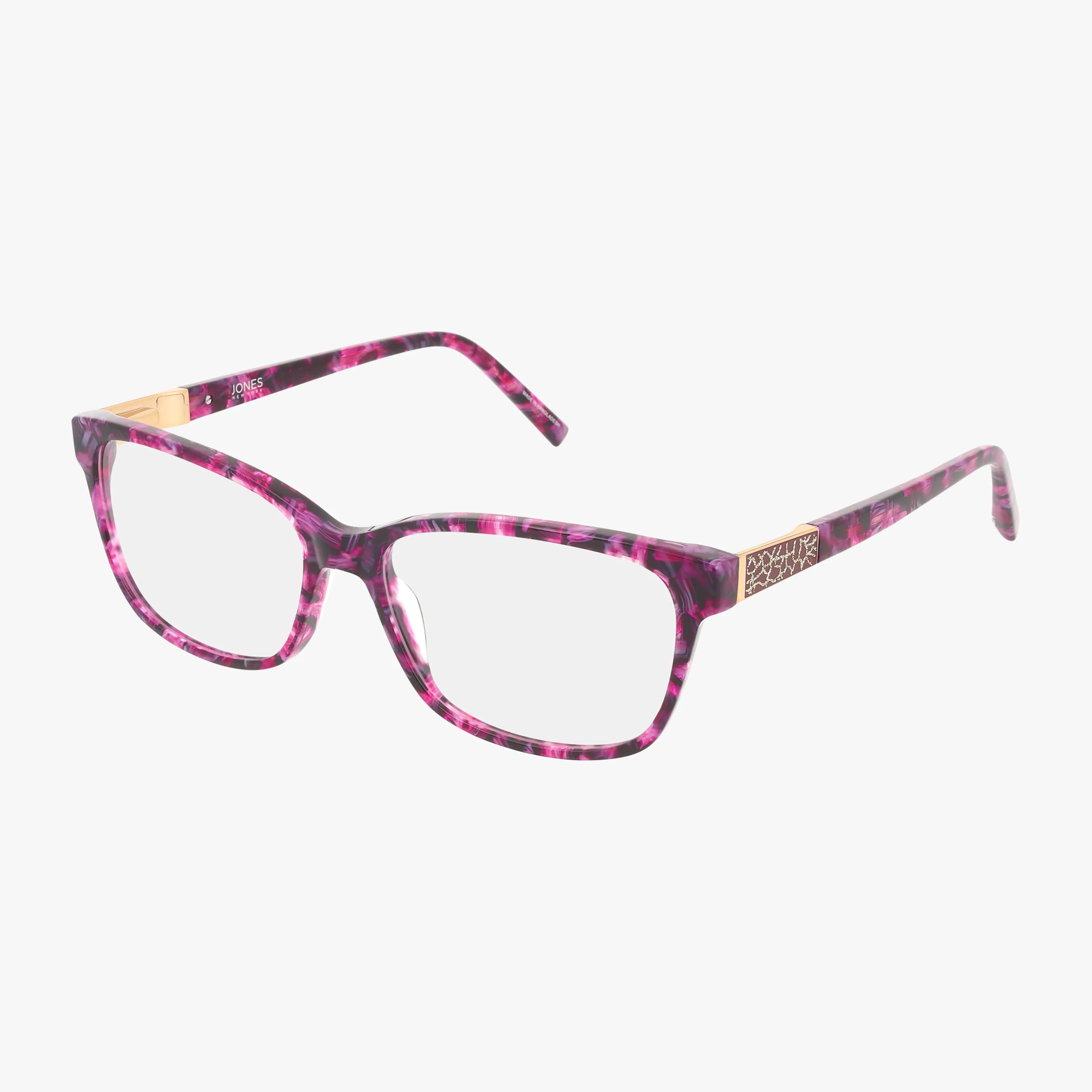 The VJON785 eyeglasses feature purple and pink patterns, rectangular lenses, stylish frames with gold temple accents, and decorative hinge designs, all shown on a white background.
