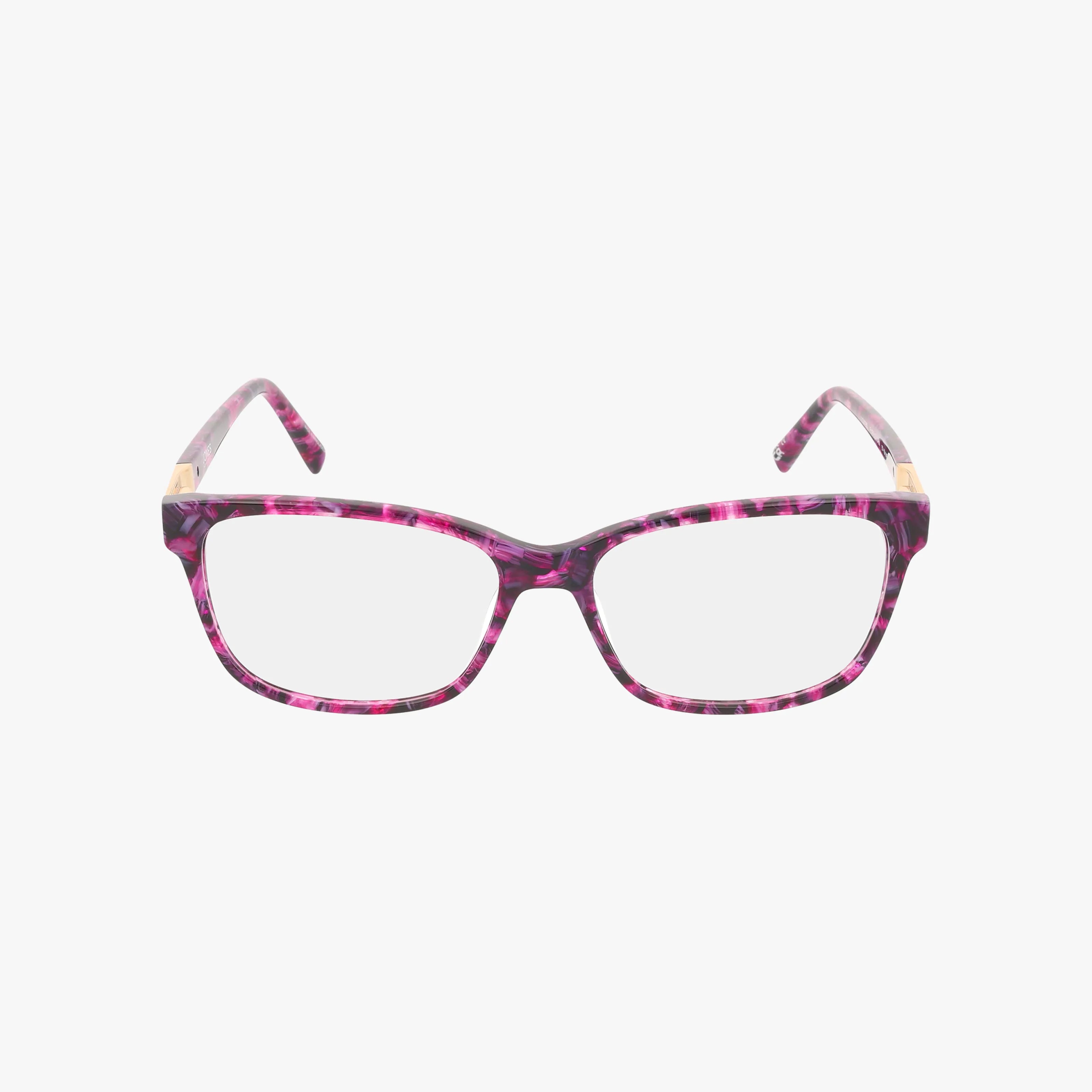 Front view of VJON785 rectangular eyeglasses with stylish marbled pink and purple frames, clear lenses, and gently curved arms, set against a white background.