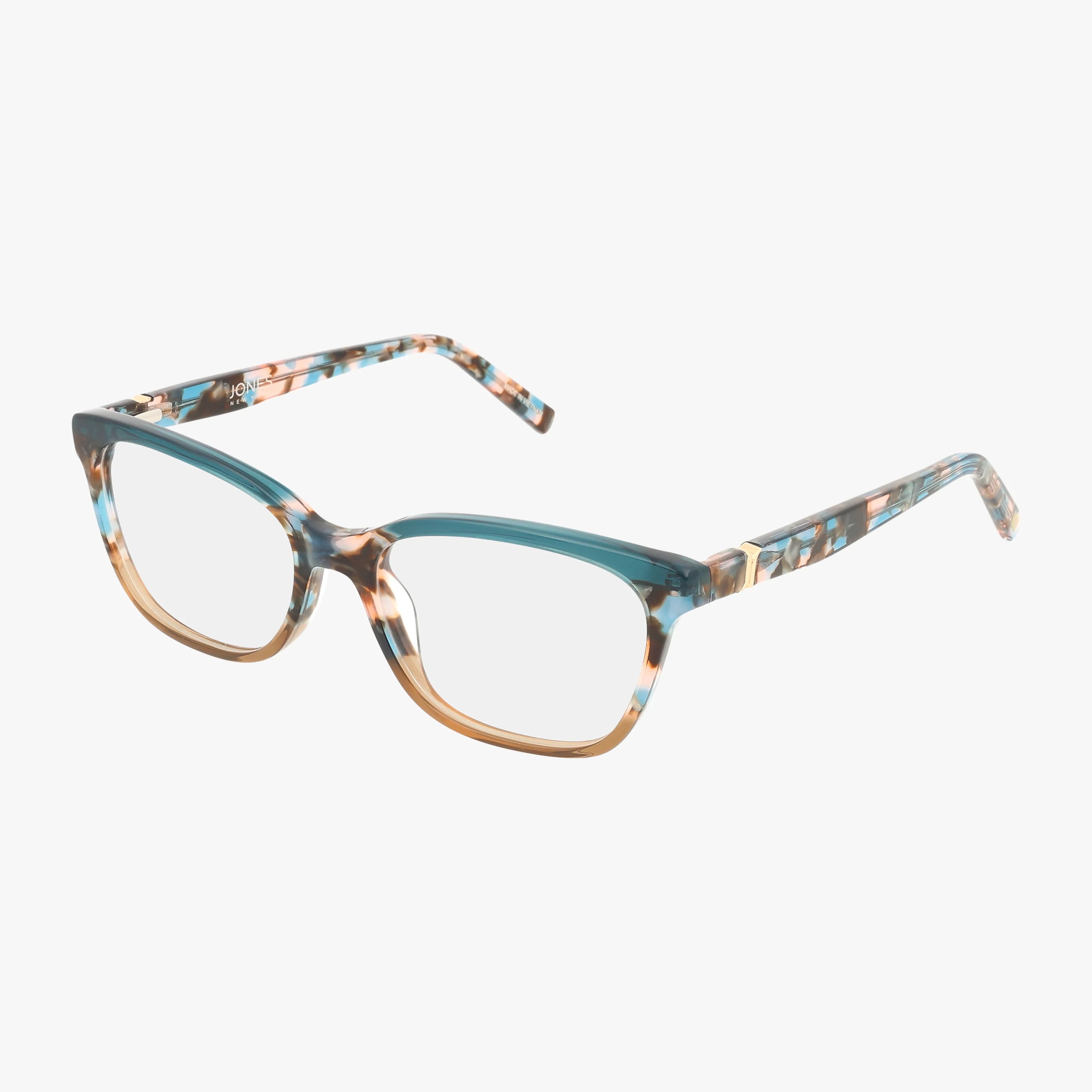 VJON786 rectangular eyeglasses feature a multicolored tortoiseshell frame in teal, brown, and beige with clear prescription lenses and a subtle cat-eye shape for stylish, versatile eyewear.