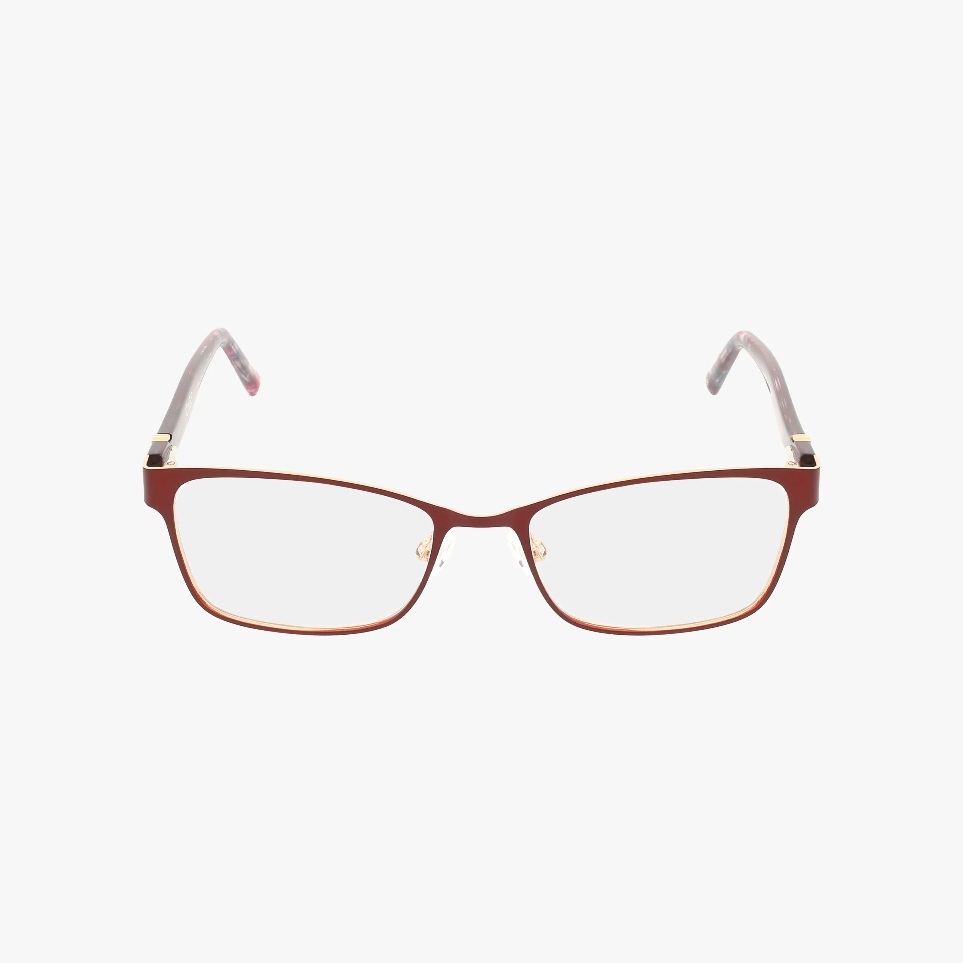 The VJOP155 eyeglass frame features thin brown metal, clear lenses, and elegant partially transparent patterned temples. Set against a white background, this rectangular eyewear combines style and sophistication.