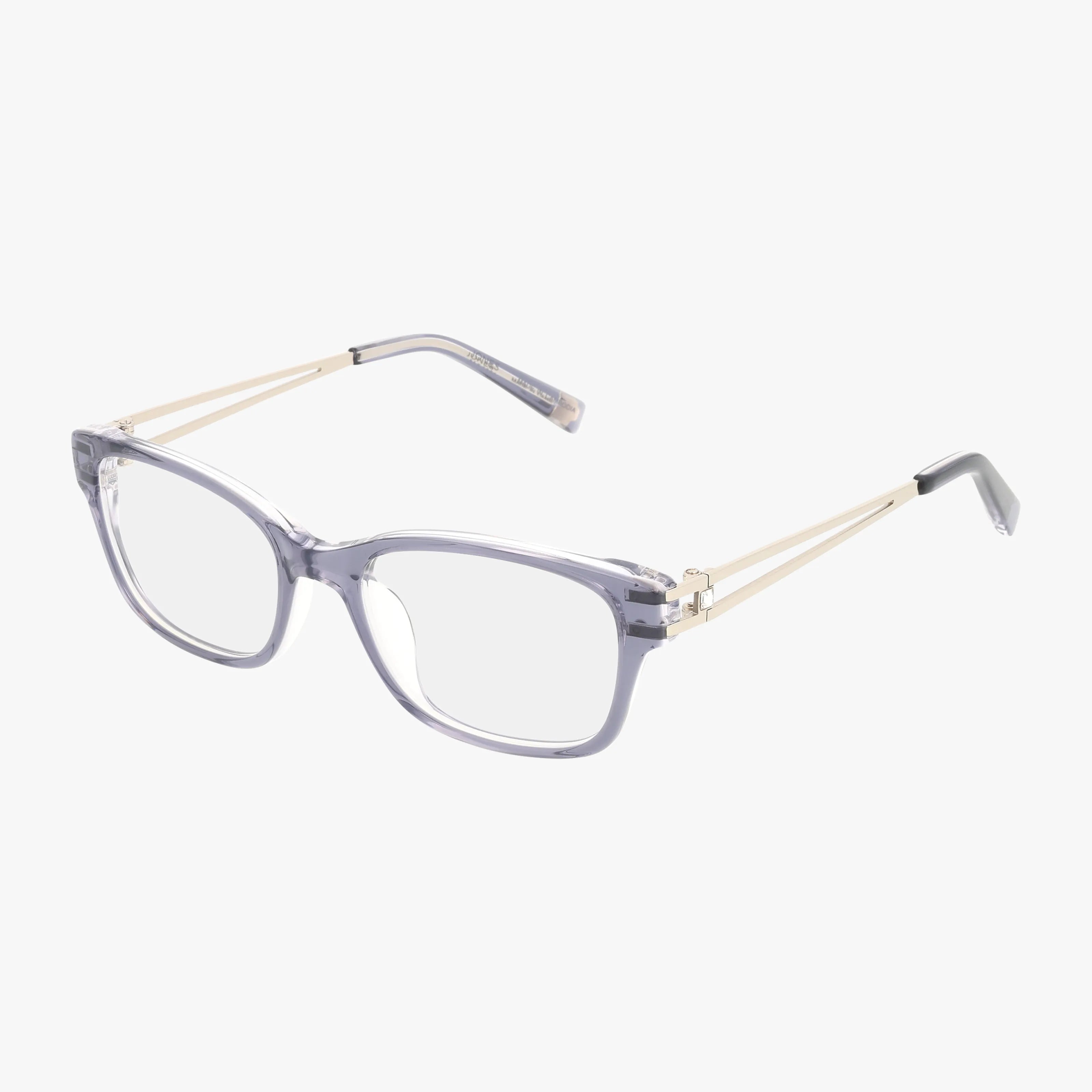 VJOP250 clear rectangular eyeglasses feature light gray transparent plastic frames with slim gold metal arms, making a bold statement for standout style against a plain white background.