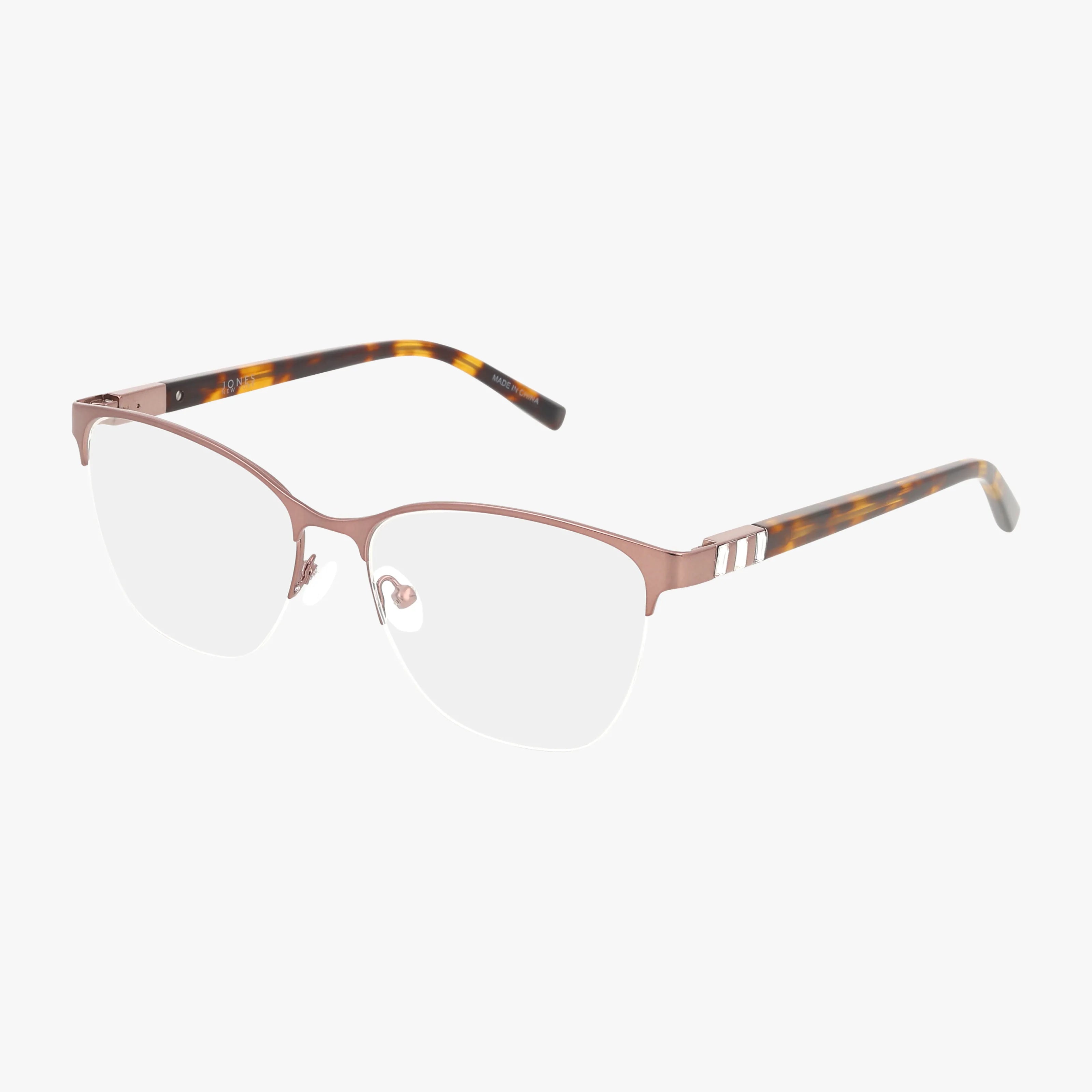 VJON501 semi-rimless eyeglasses feature a refined rose gold metal frame, clear lenses, and durable tortoiseshell-patterned arms.