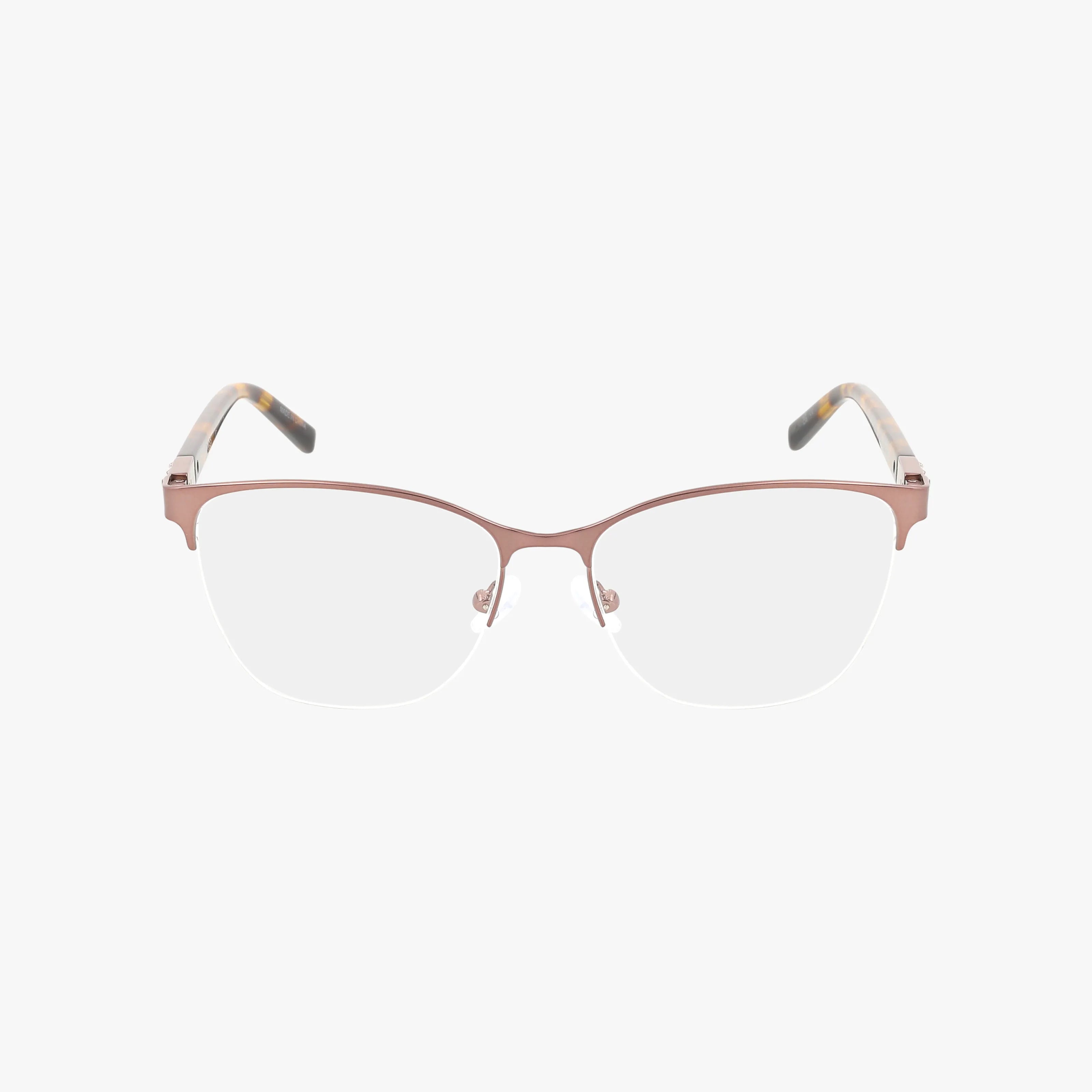 The VJON501 is a pair of semi-rimless eyeglasses featuring a refined rose gold metal frame and transparent nose pads for durability, showcased against a plain white background.