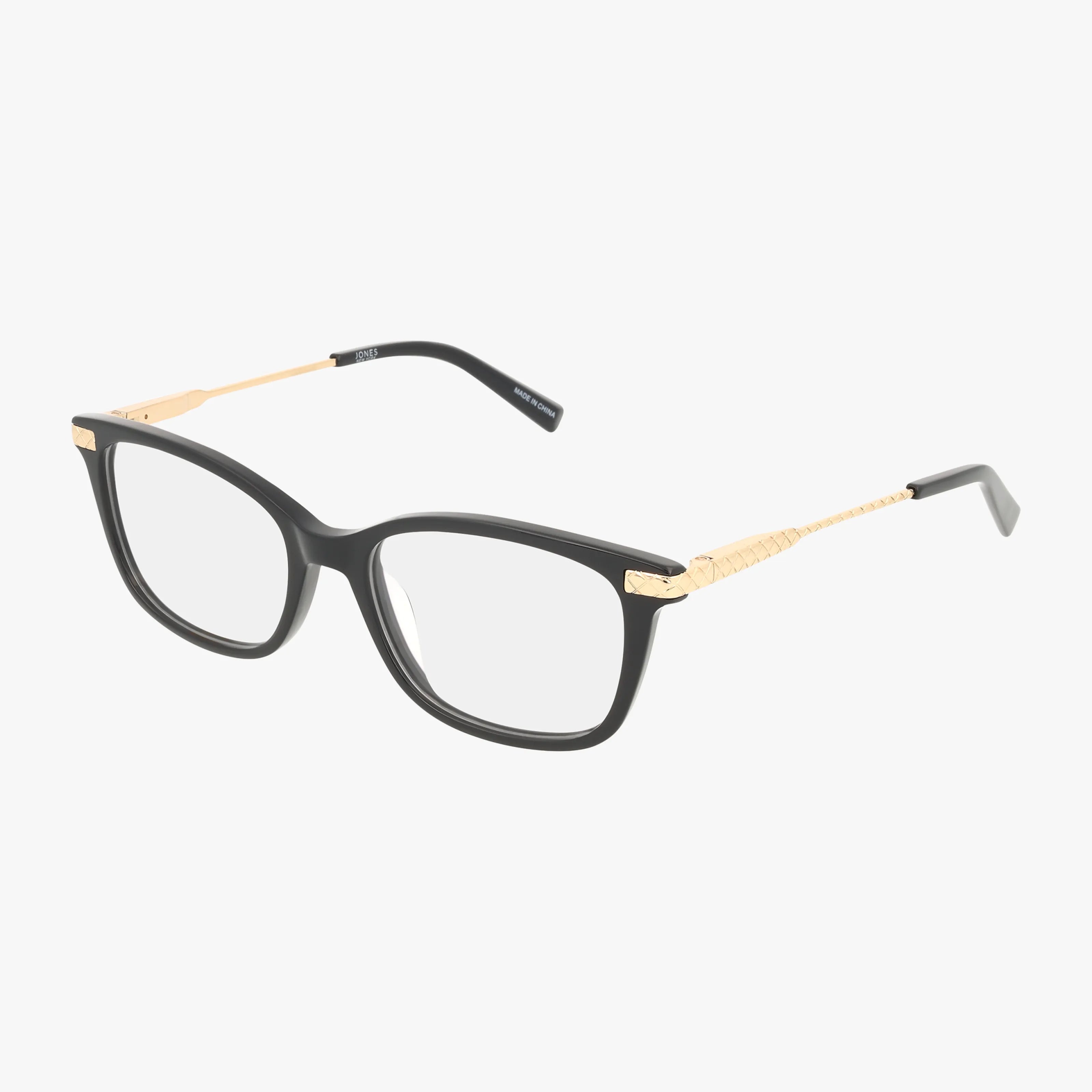 The VJON792 features a modern rectangular design with a black front frame, gold metal temples, and black tips. Clear lenses complete its stylish look, showcasing quality craftsmanship.