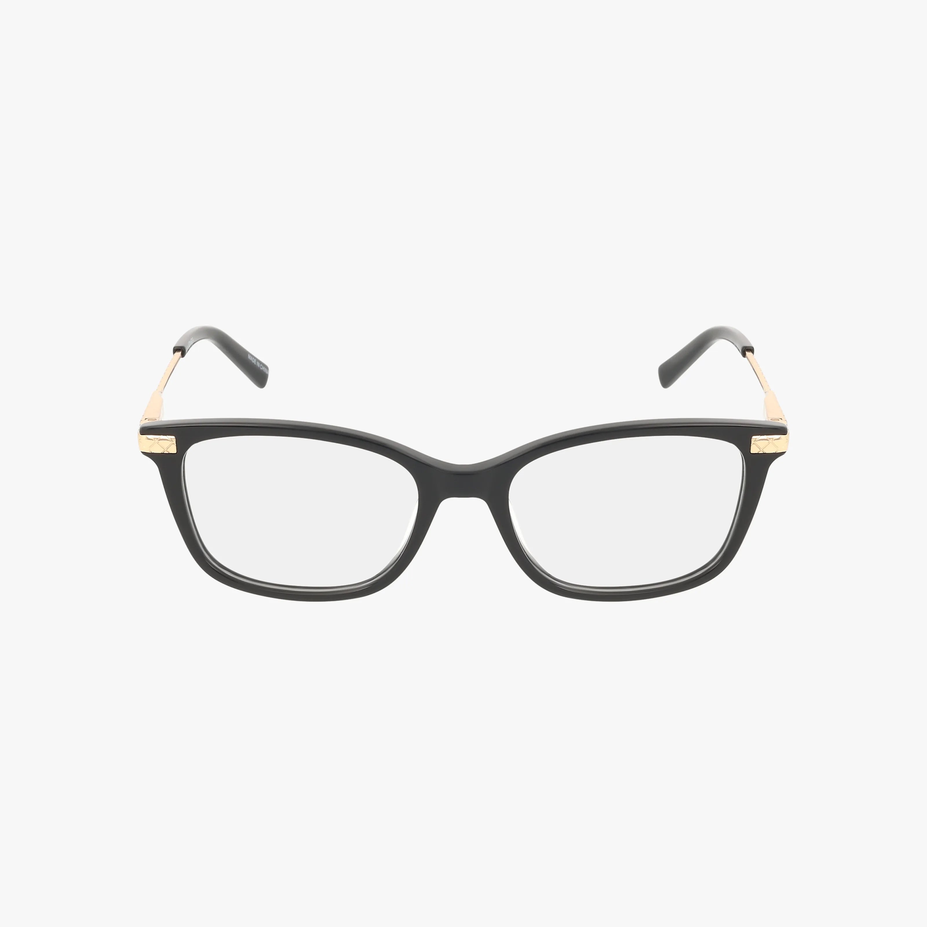 VJON792 black rectangular eyeglasses featuring gold-accented hinges and quality craftsmanship, displayed on a plain white background.