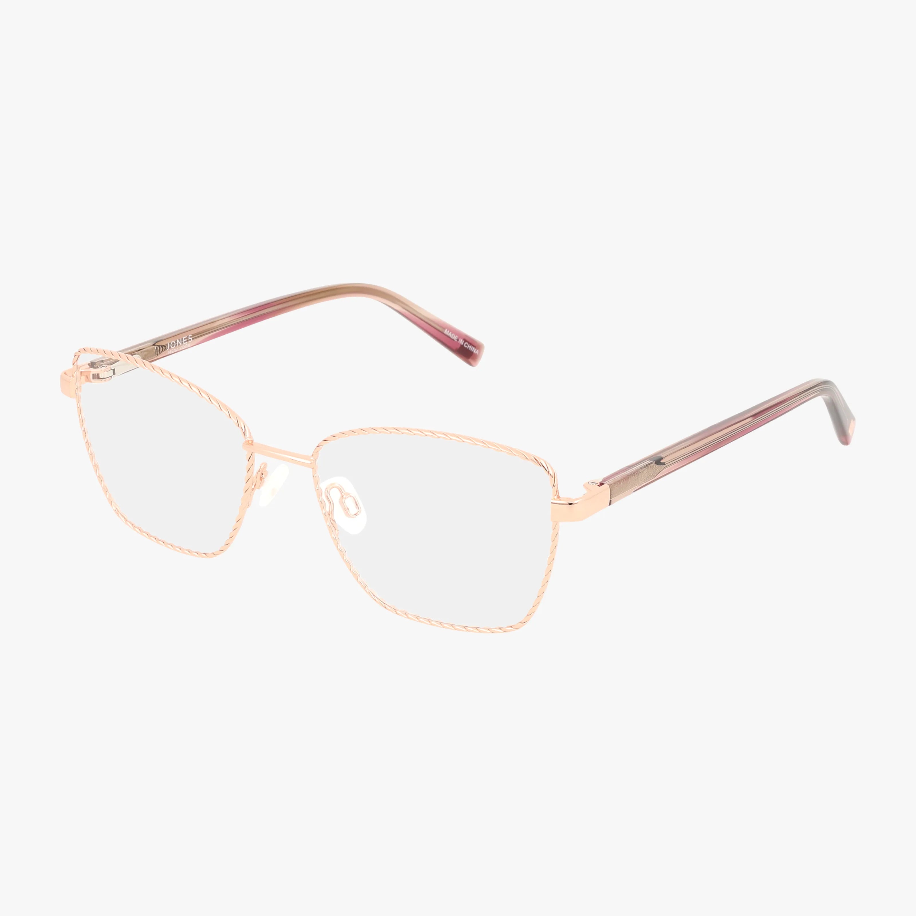 The VJON503 features gold-rimmed square lenses, a stylish frame with thin twisted metal, and translucent pink temple arms. Designed for a secure fit, these eyeglasses are displayed against a plain white background.