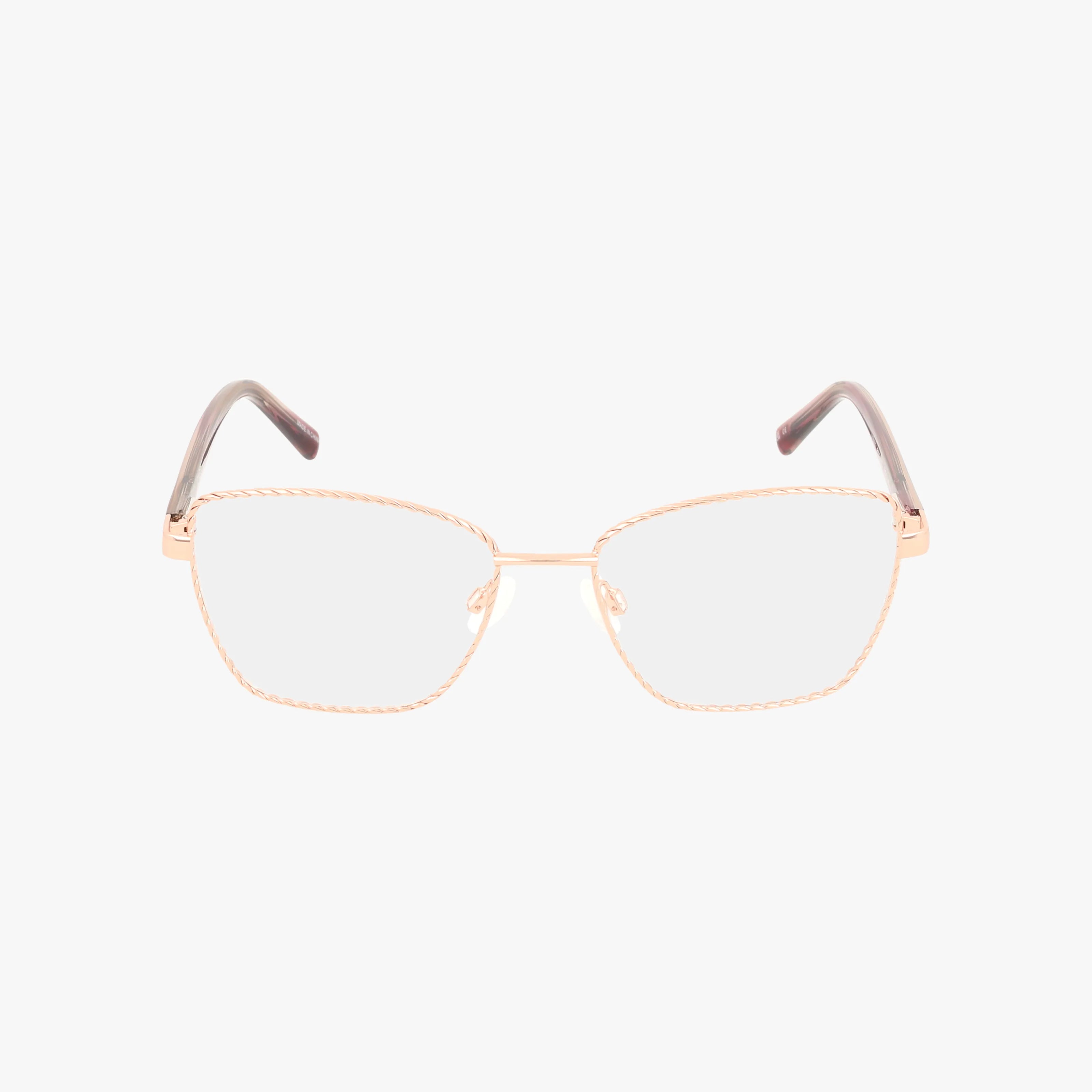 The VJON503 features gold metal eyeglasses with a stylish square frame, clear lenses, and black temple tips for a secure fit, displayed on a plain white background.