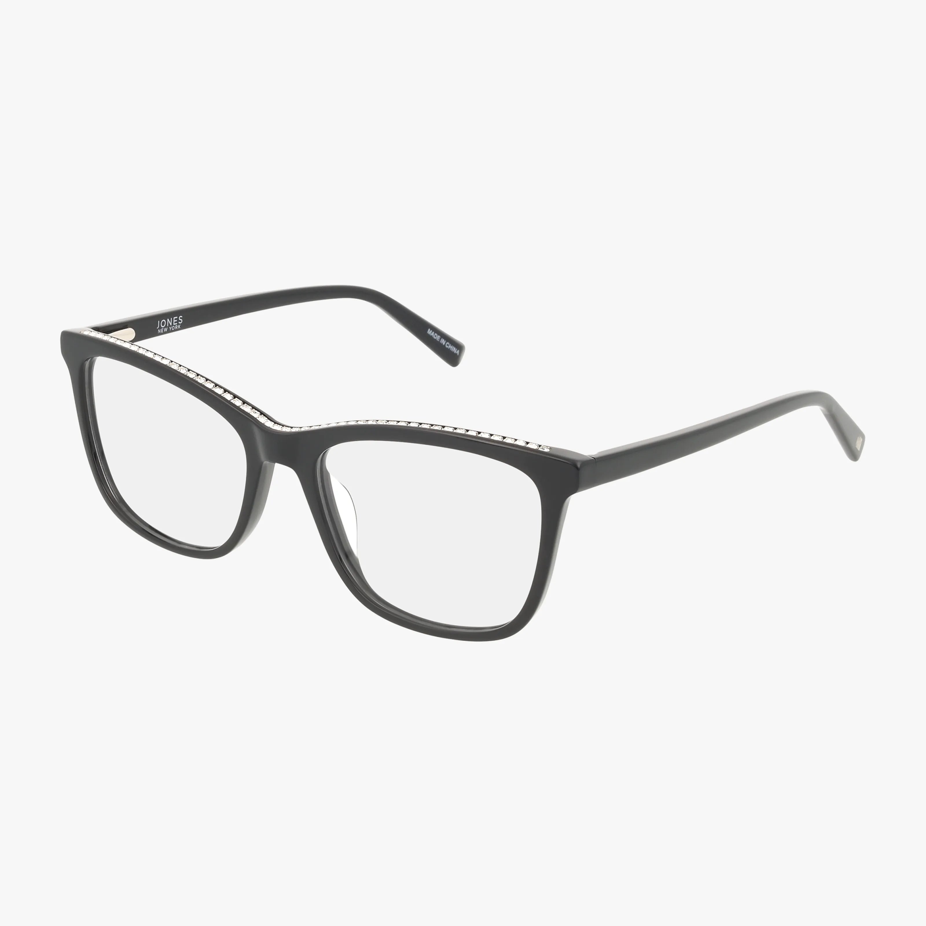 The VJON794 eyeglasses feature black rectangular frames and clear progressive lenses, offering a stylish look against a white background.