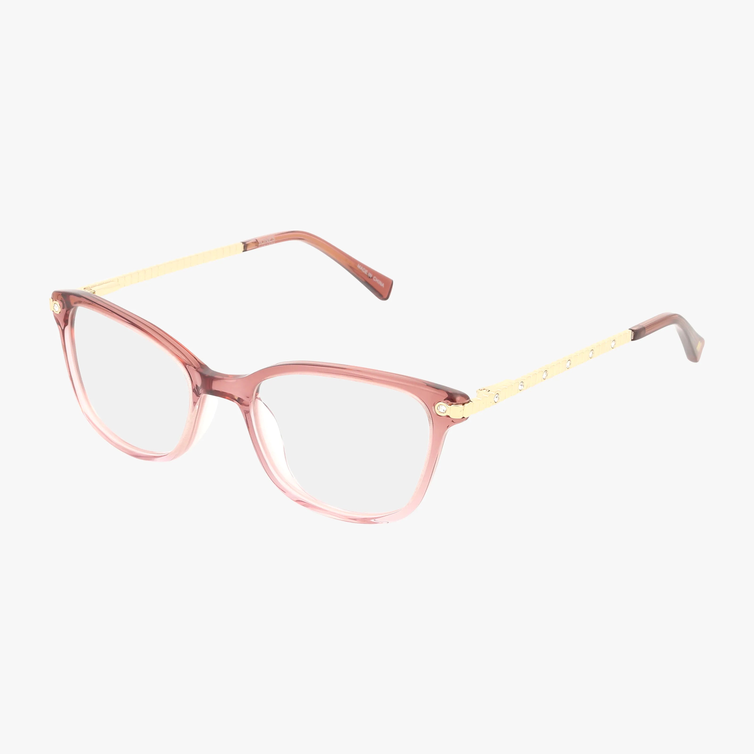 VJOP253 pink rectangular eyeglasses with gold-tone arms and a lightweight frame, shown on a plain white background.