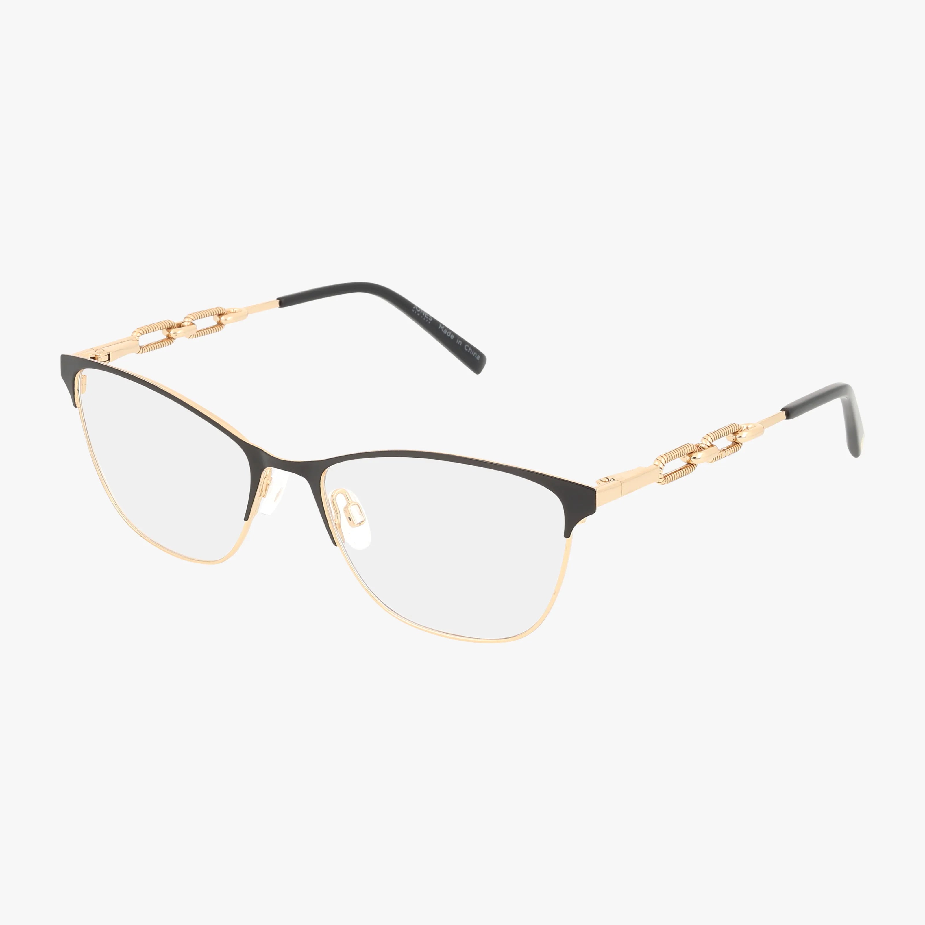 The VJON504 features clear lenses, a thin gold frame with black accents on top, and chain-like decorative arms—making these stylish eyeglasses a modern and elegant choice for online shoppers.