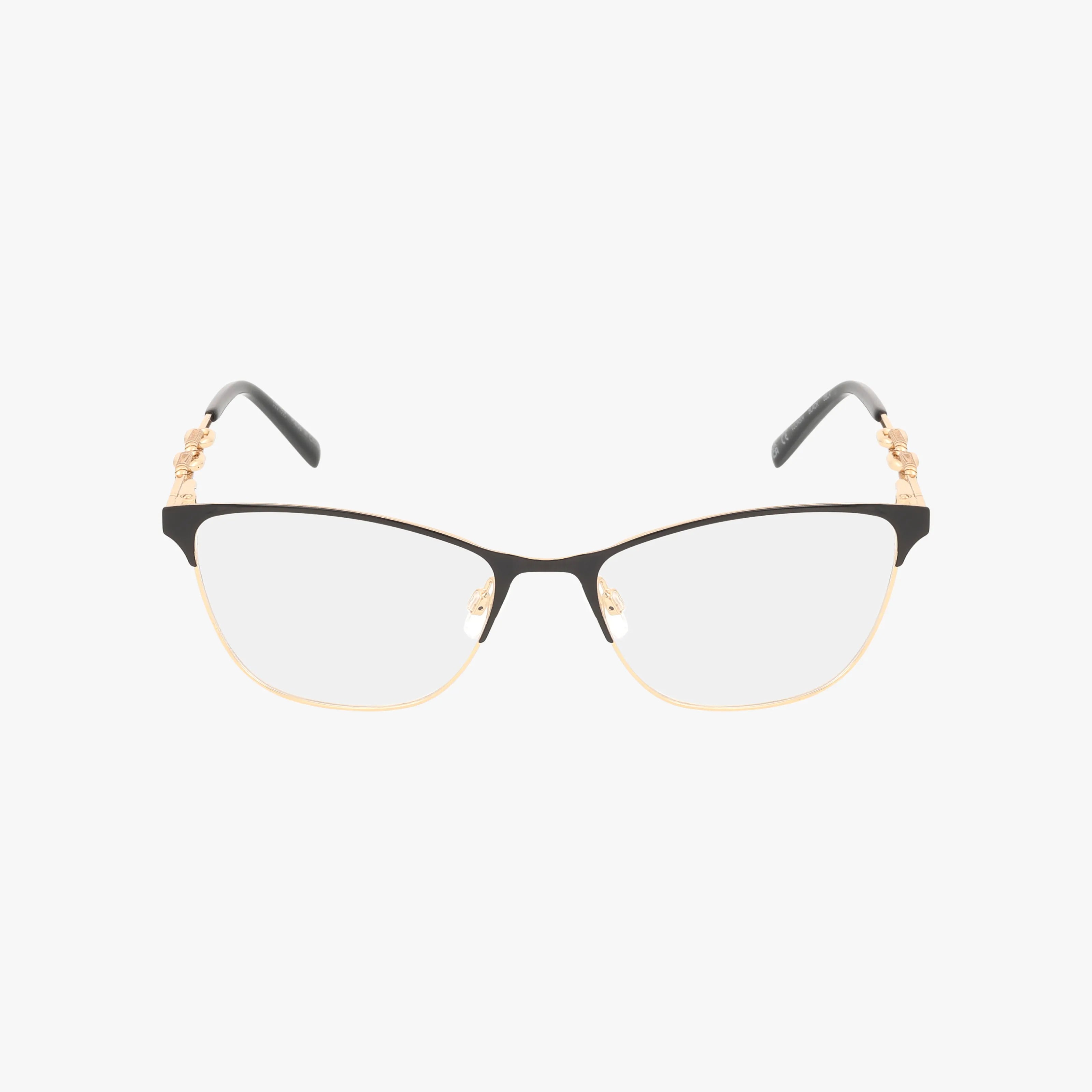 The VJON504 cat-eye eyeglasses feature a stylish black and gold frame with floral detailing on the temples, clear lenses, and black temple tips—ideal for online shopping enthusiasts.