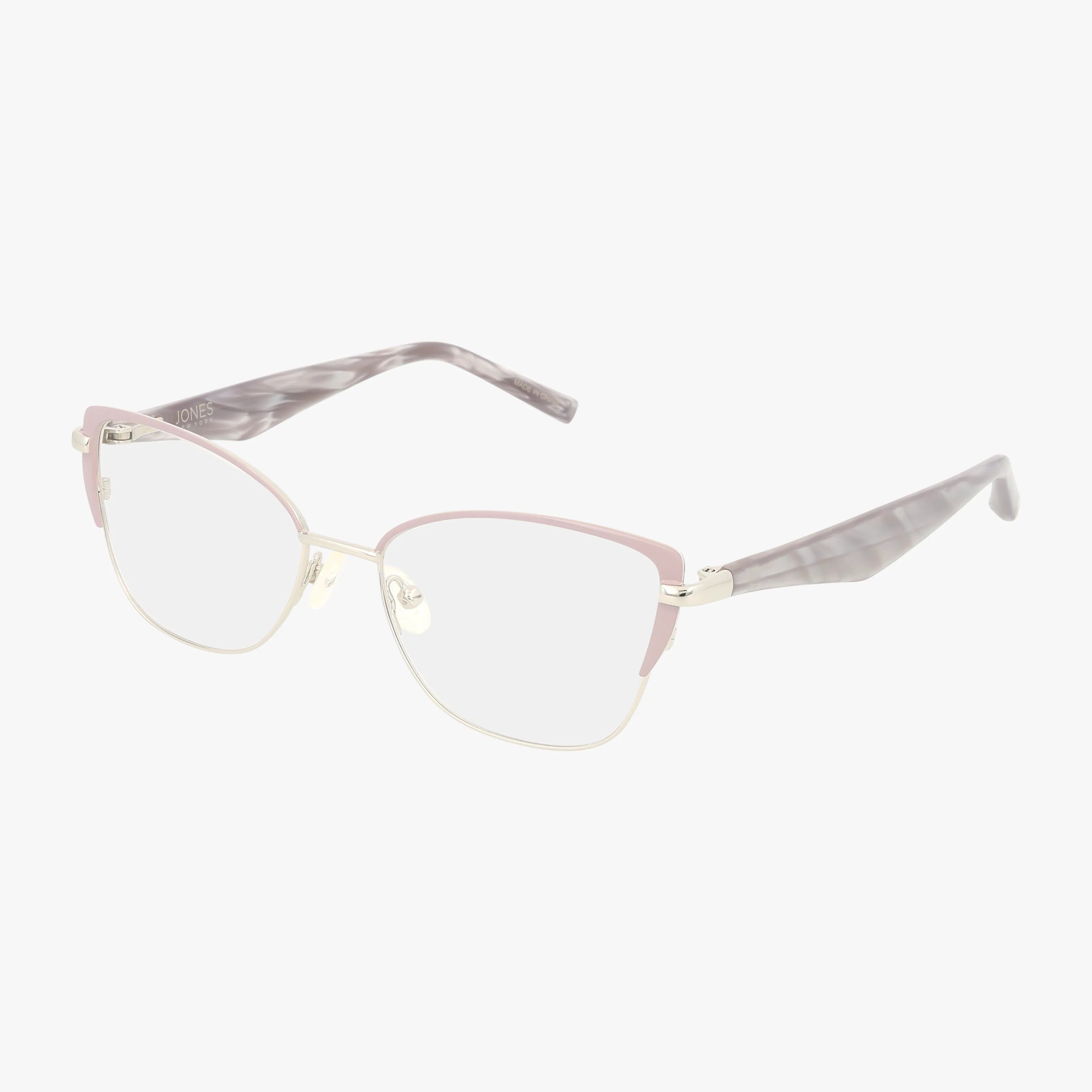 The VJON506 cat-eye eyeglasses feature a pink upper frame, gold lower rims, and gray marble-patterned temples, offering bold style and everyday excellence—all showcased on a white background.