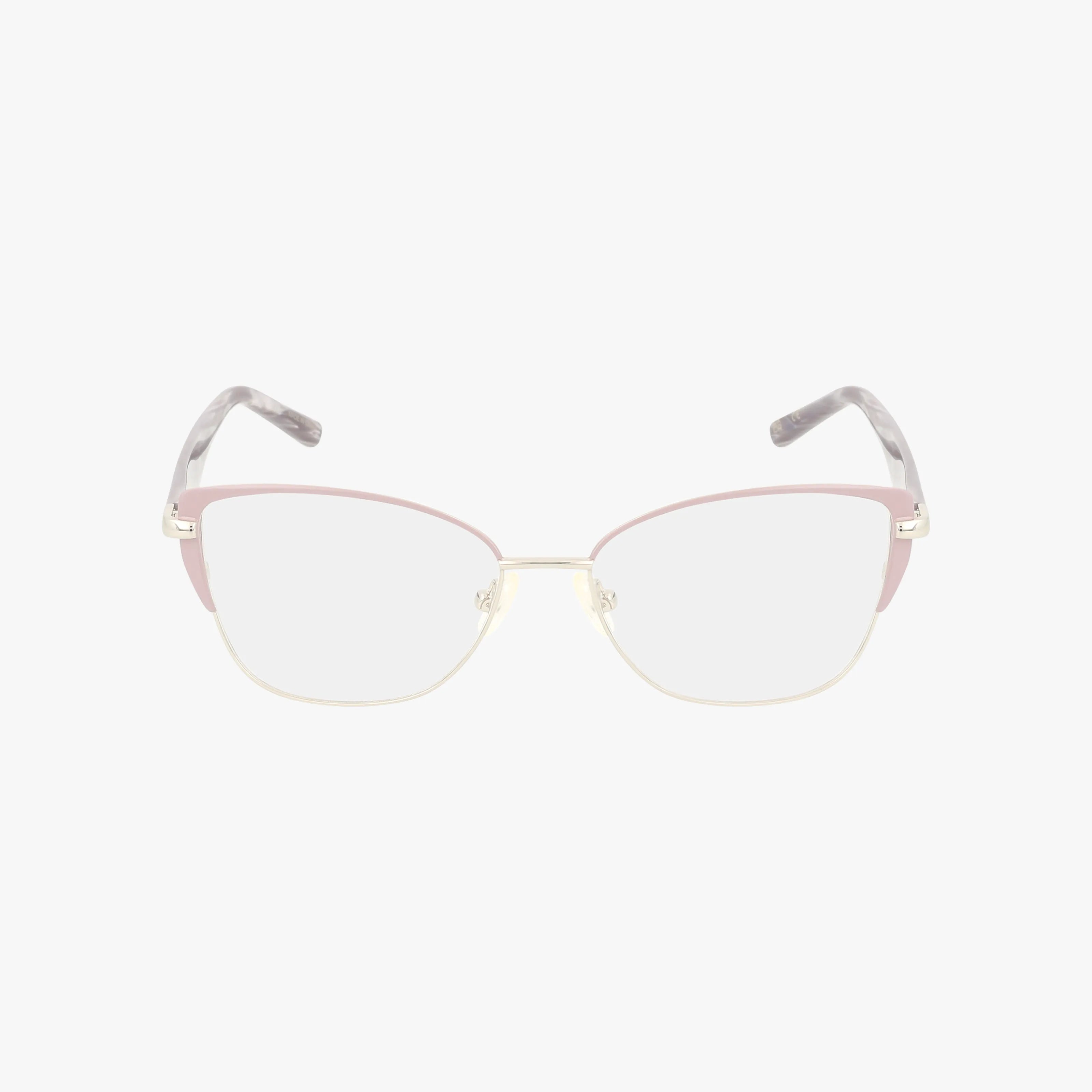 The VJON506 eyeglasses feature a bold pink and gold semi-rimless frame with clear lenses and gray marbled temple arms, adding everyday excellence to your style. Shown on a plain white background.