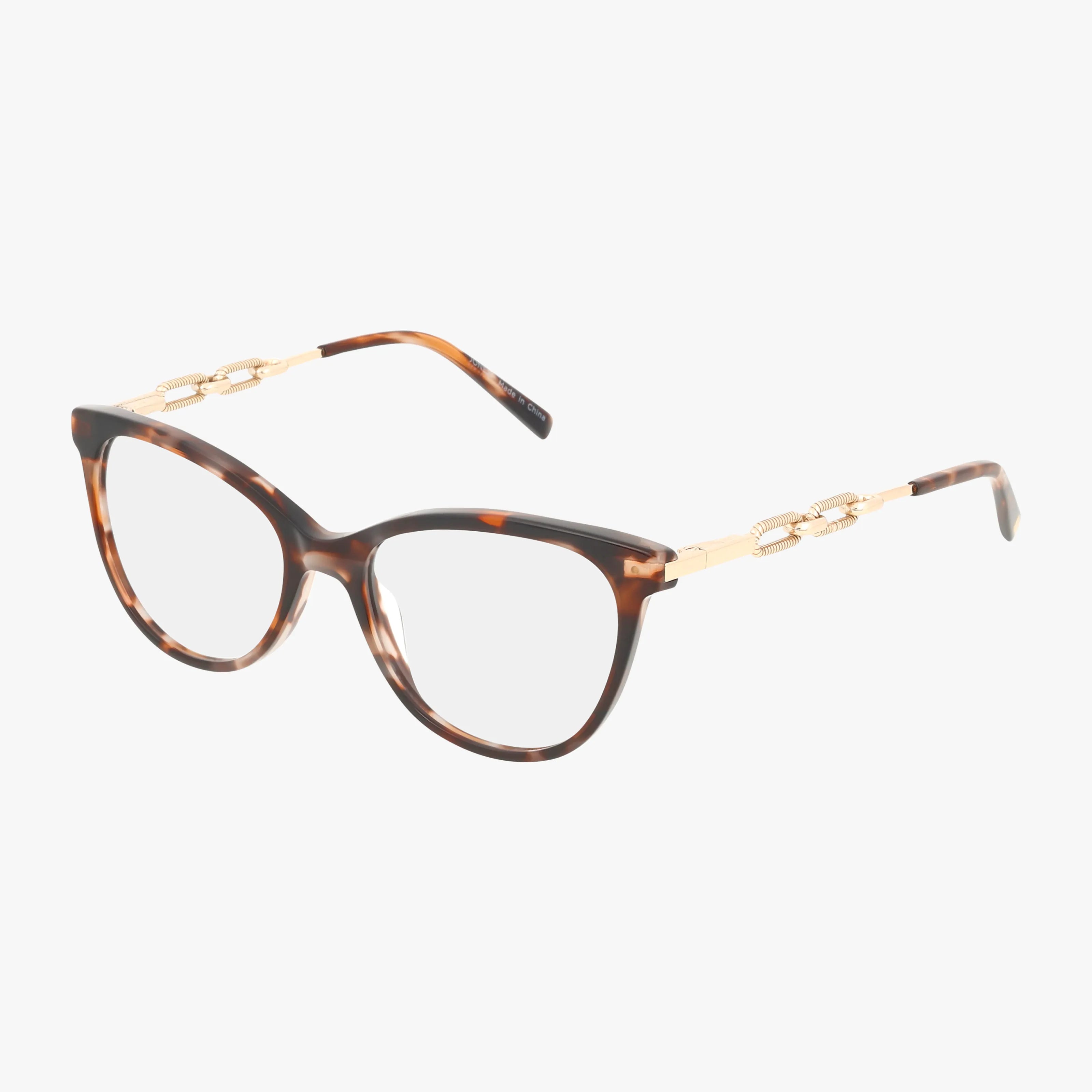 The VJOP254 tortoiseshell cat-eye eyeglasses feature gold chain-link detail on the temples and a lightweight frame for comfort, making them perfect for online purchase. Shown against a white background.