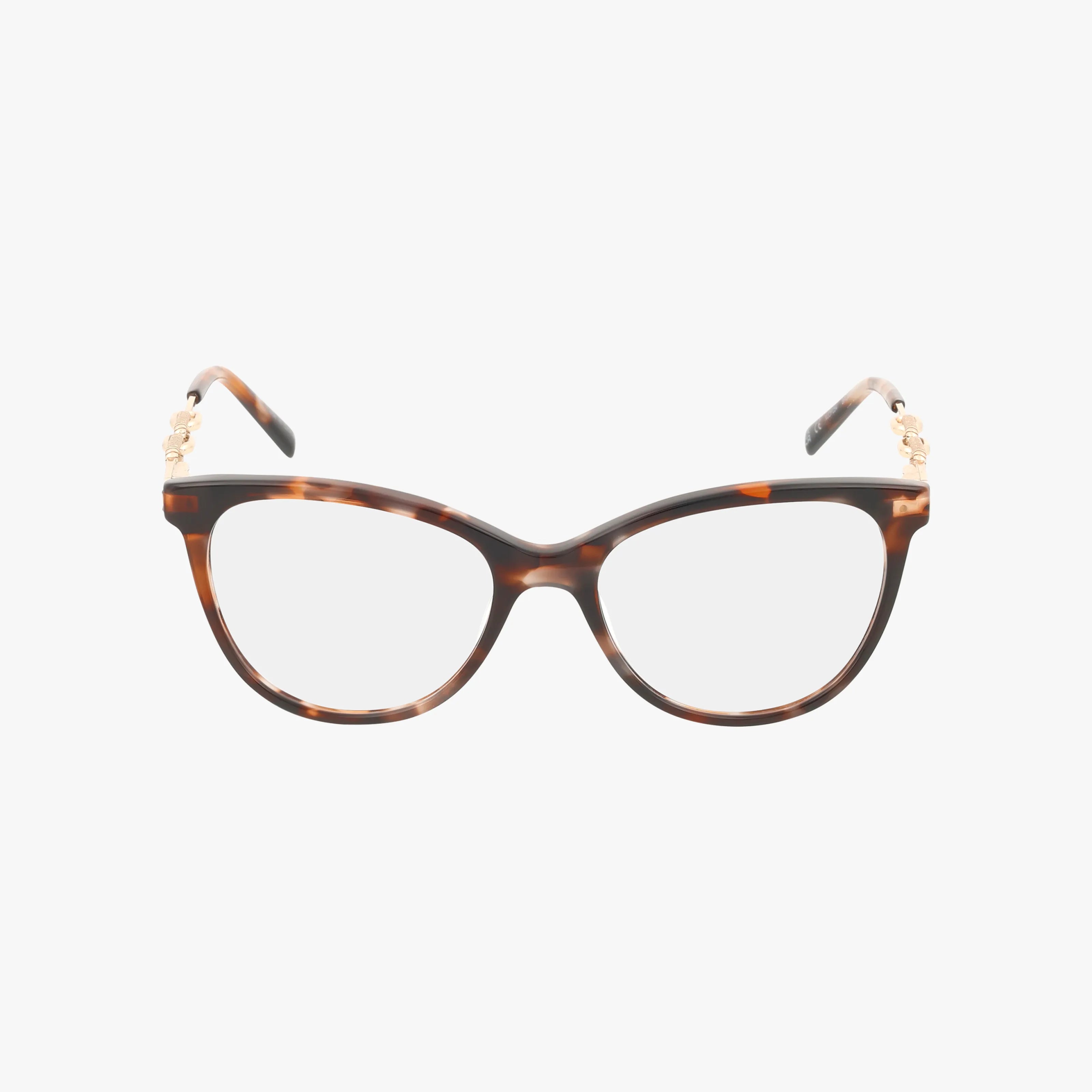The VJOP254 offers modern eyewear style with tortoiseshell cat-eye frames, gold floral accents on the temples, and a lightweight design, all showcased against a plain white background.