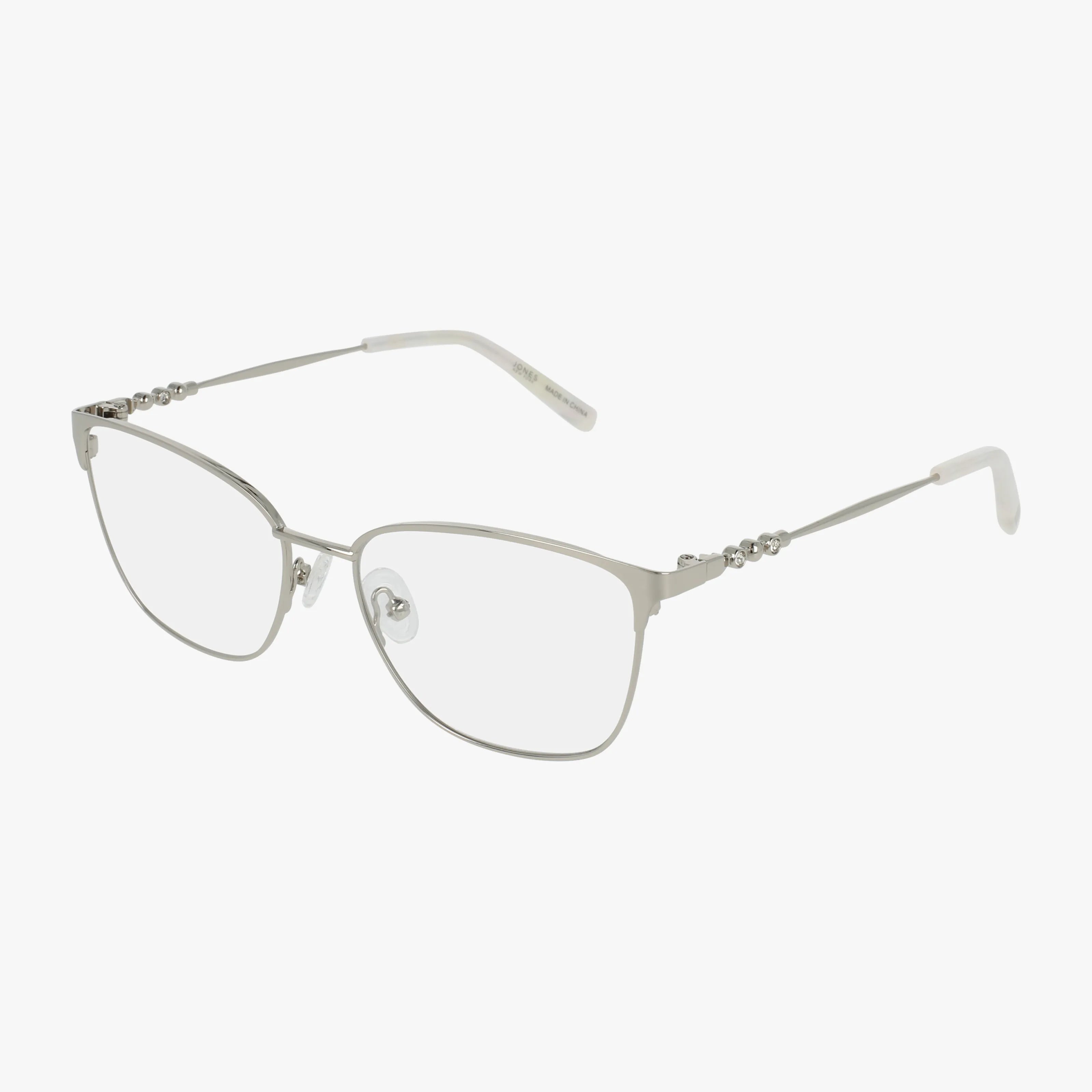 The VJON507 features a modern silver metal frame with thin rectangular clear lenses and decorative beaded temple details, displayed on a white background.