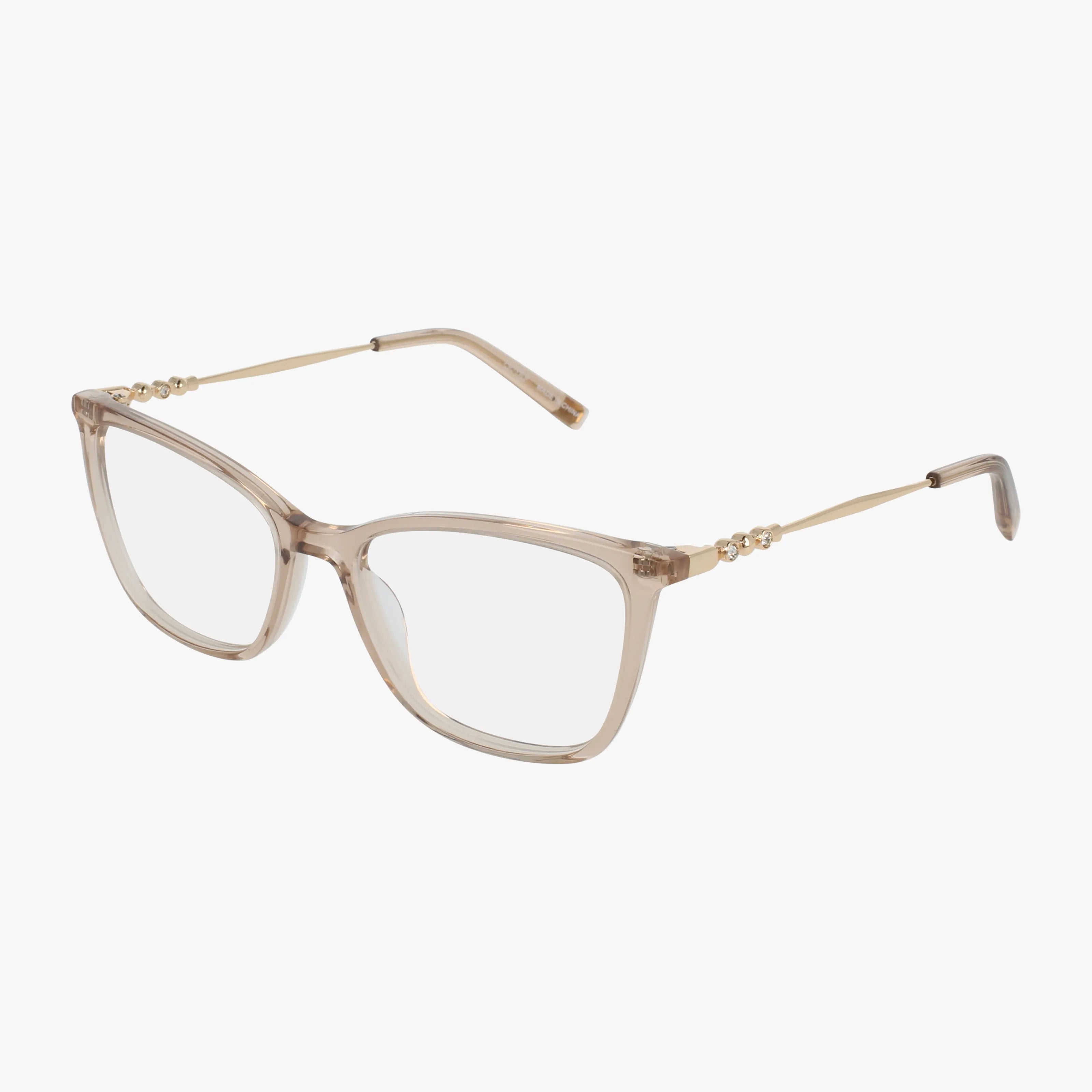 VJON797 blends modern style and elegance with clear, square lenses, translucent beige plastic frames, thin gold metal arms, and decorative beads by the hinges—a chic frame for any occasion.