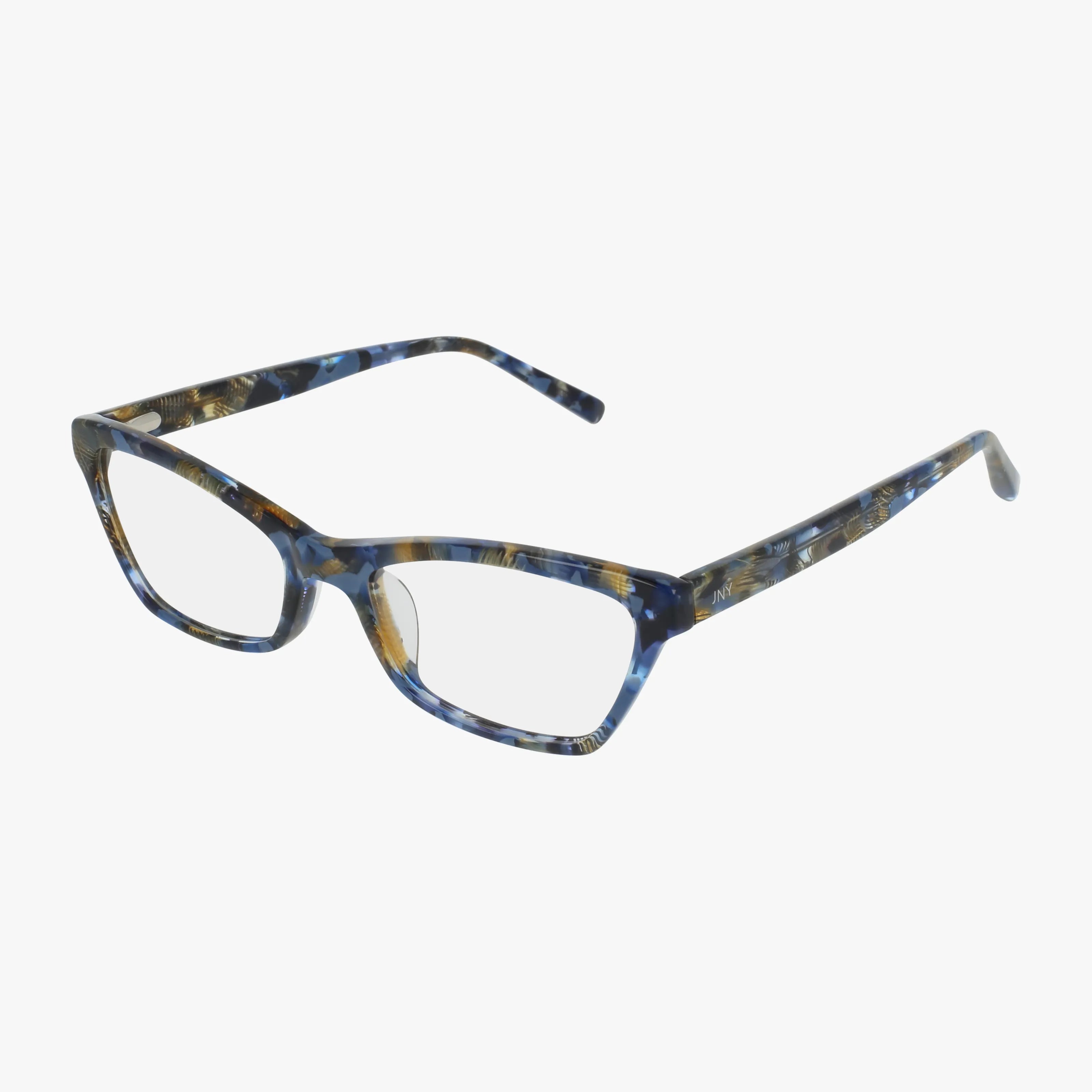 VJON799 cat-eye eyeglasses in blue and brown tortoiseshell with clear lenses feature a modern frame, shown against a white background.