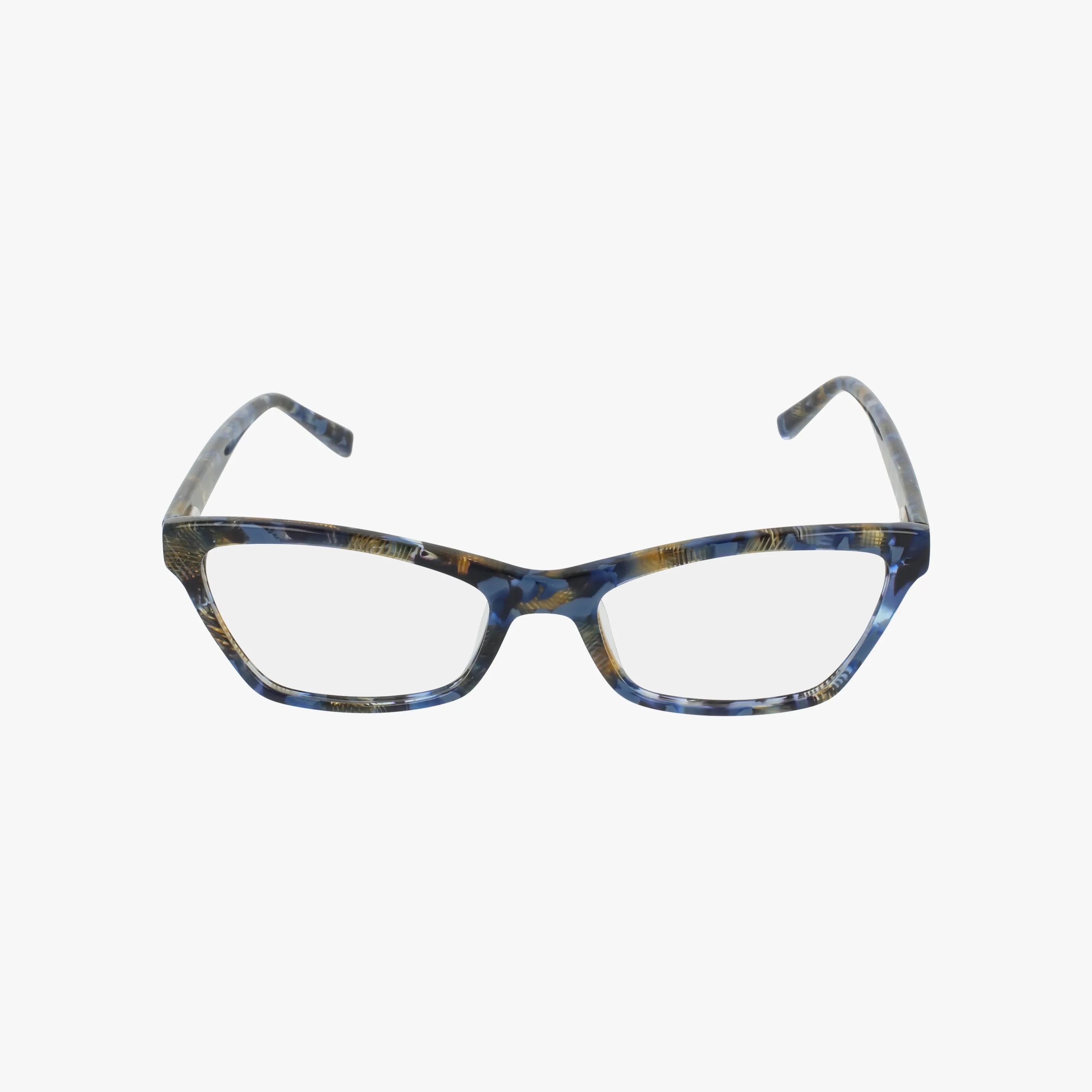 The VJON799 eyeglasses feature a contemporary cat-eye shape with a marbled blue, yellow, and brown frame, ideal for everyday wear and displayed on a plain white background.