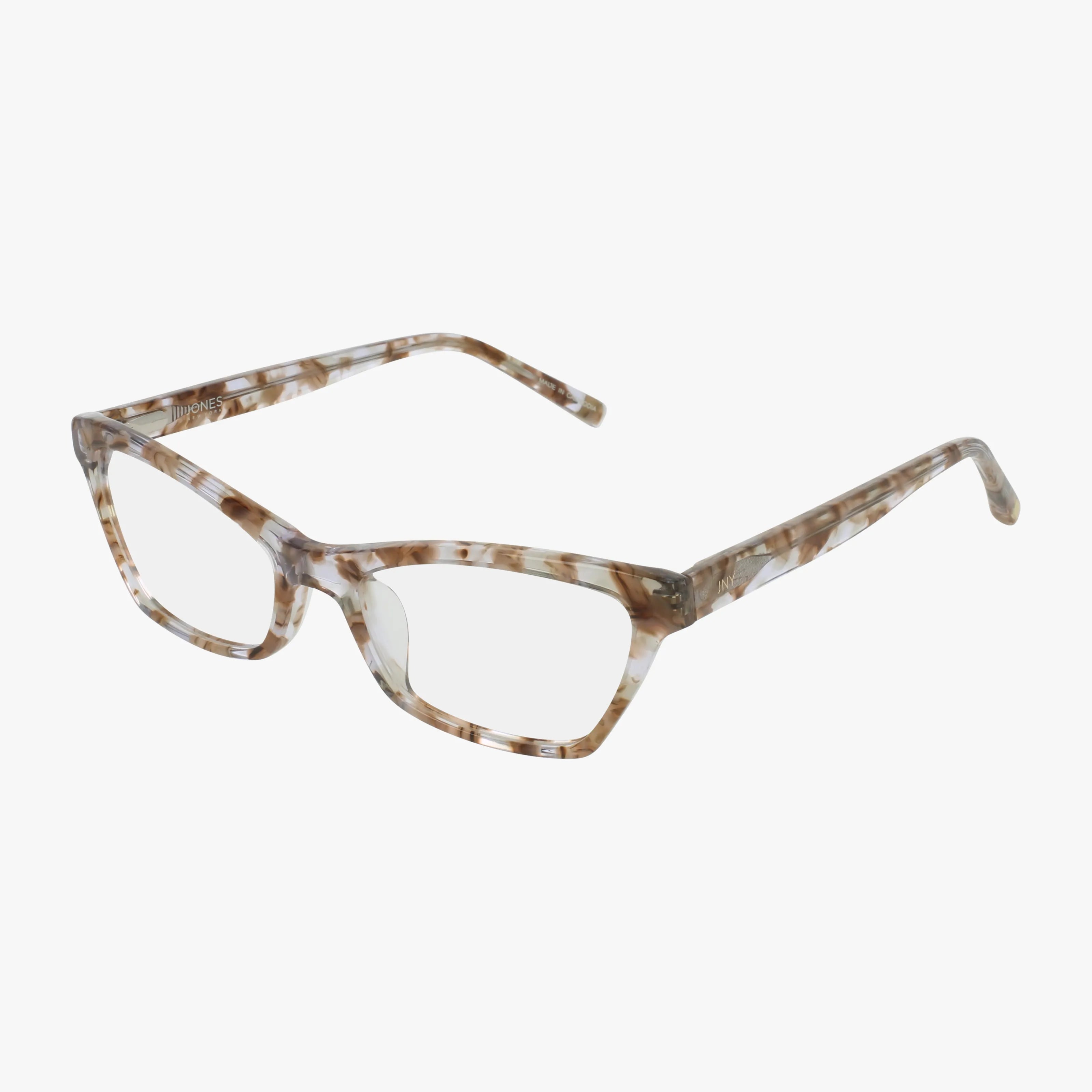 The VJON799 eyeglasses feature rectangular lenses and a mottled beige and brown tortoiseshell-style frame, blending contemporary design with comfort—ideal for daily wear, shown on a plain white background.