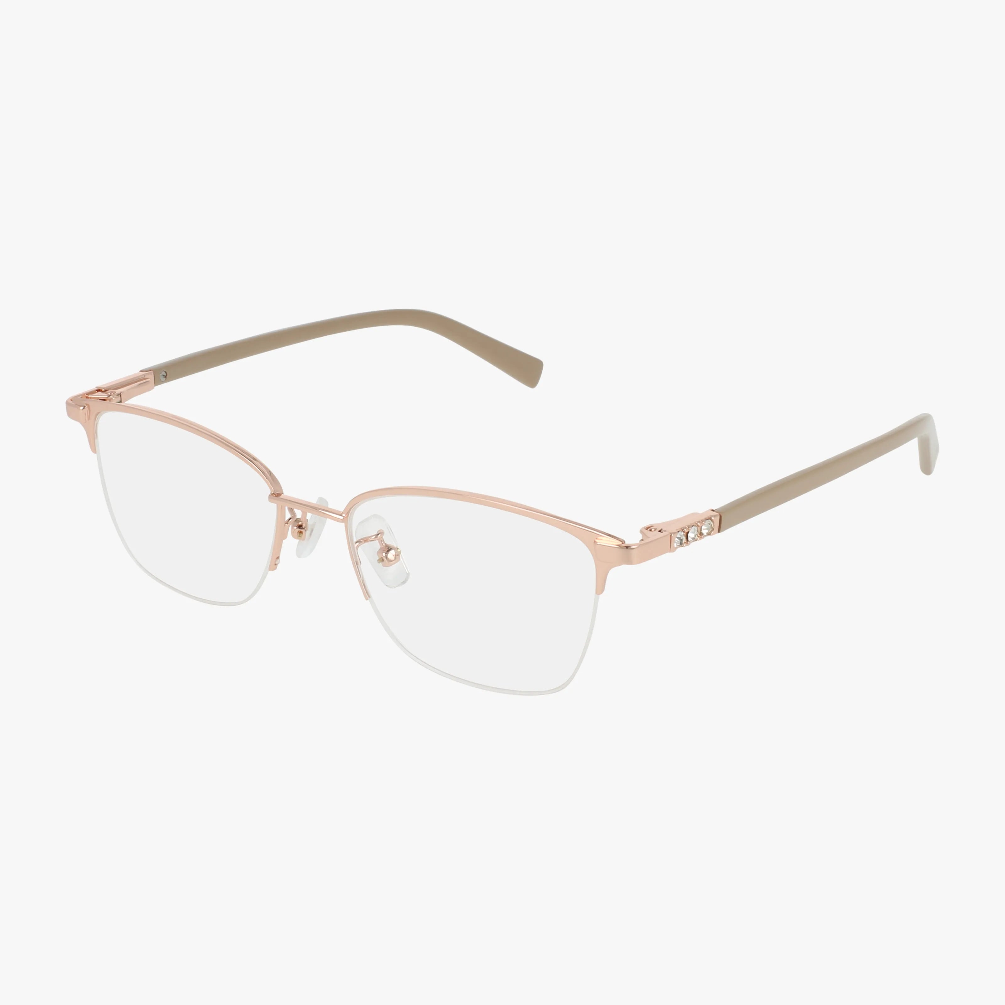 The VJOP156 is a stylish pair of semi-rimless eyeglasses featuring rose gold metal frames and light brown temple arms, blending functional design with modern flair, displayed on a white background.