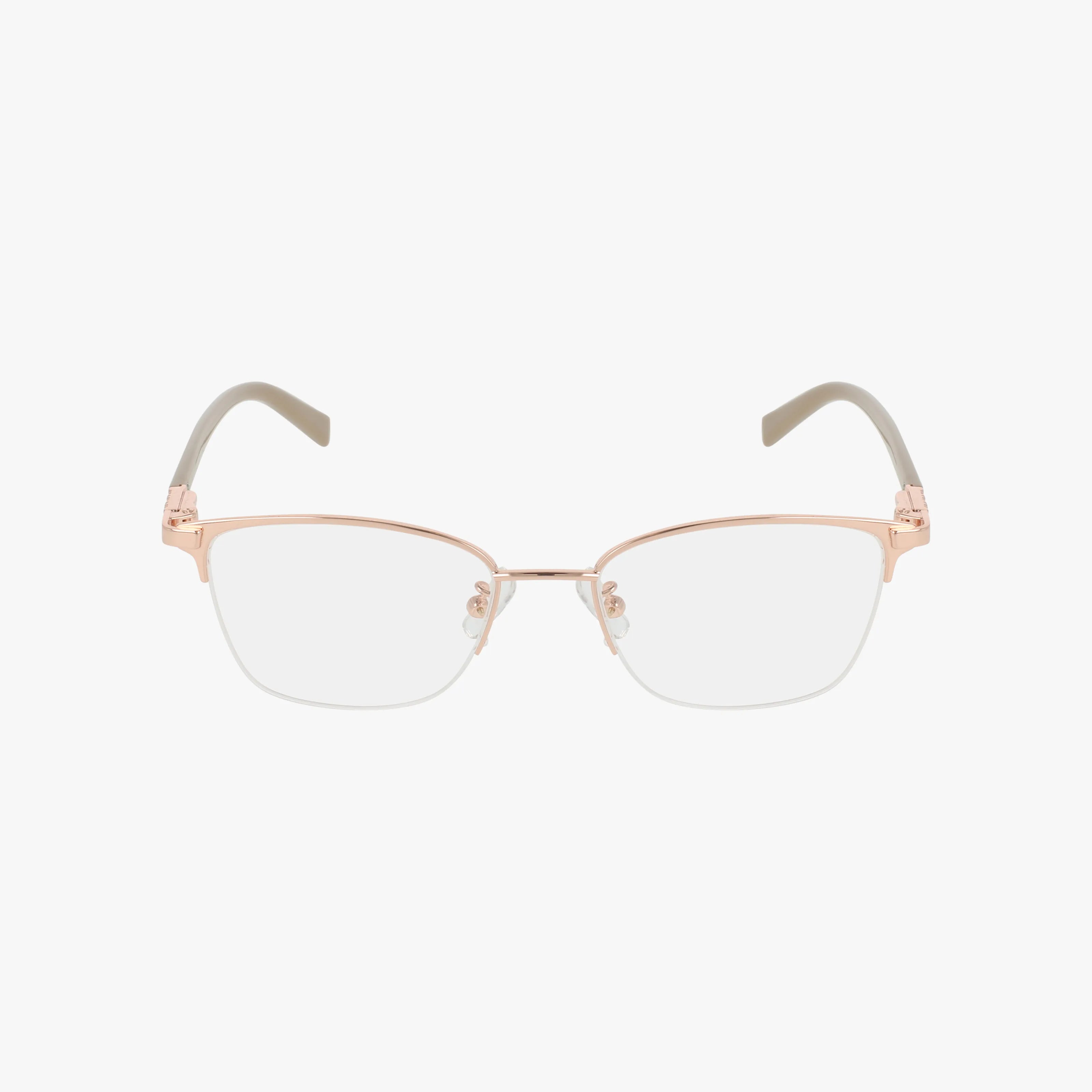 The VJOP156 eyeglasses feature thin rose gold metal frames, clear progressive lenses, and beige temple tips, shown against a white background for a stylish display.