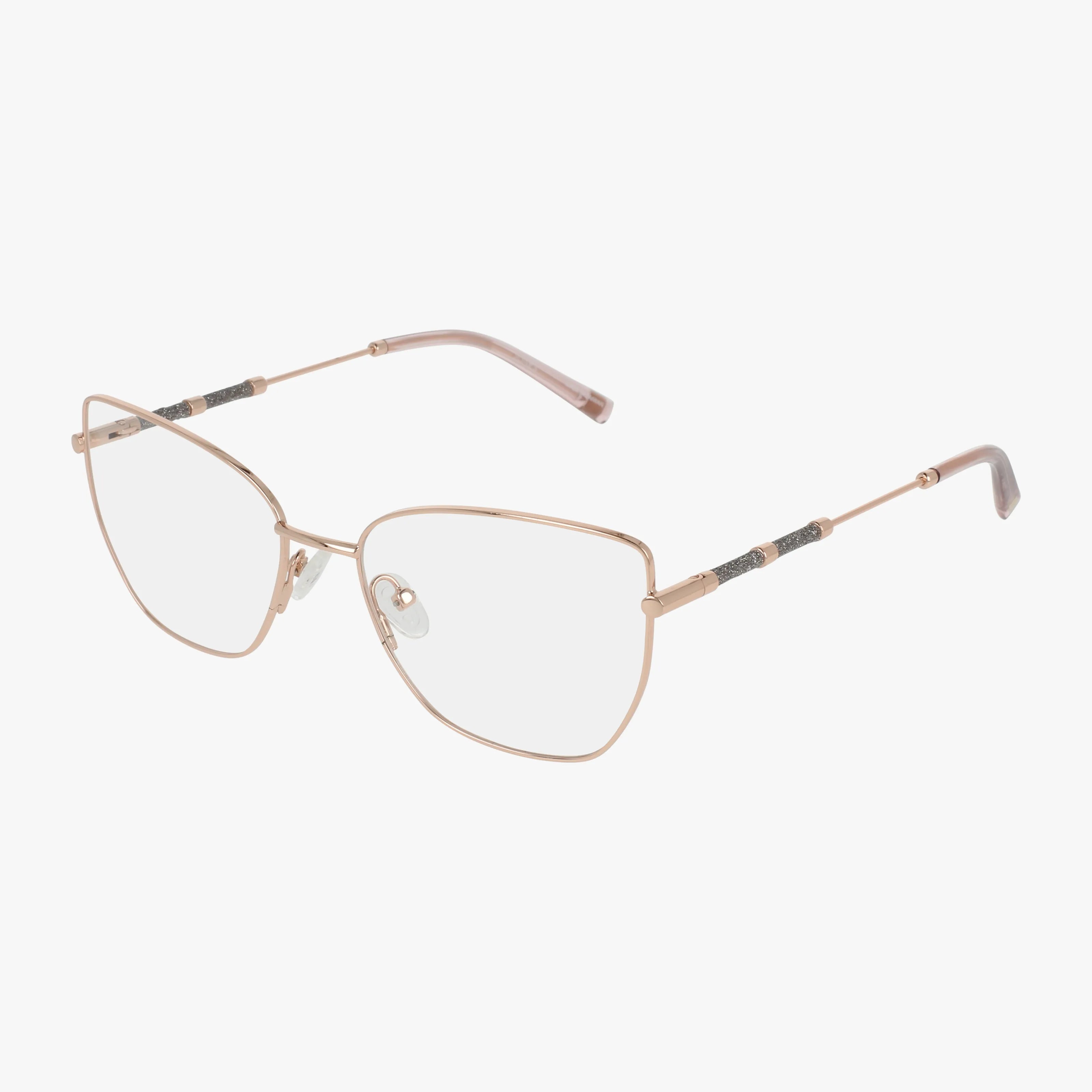 The VJON510 gold metal eyeglasses feature large geometric frames, a textured dark section on the temples near the hinges, pink temple tips, and clear adjustable nose pads for comfort—all against a plain white background.