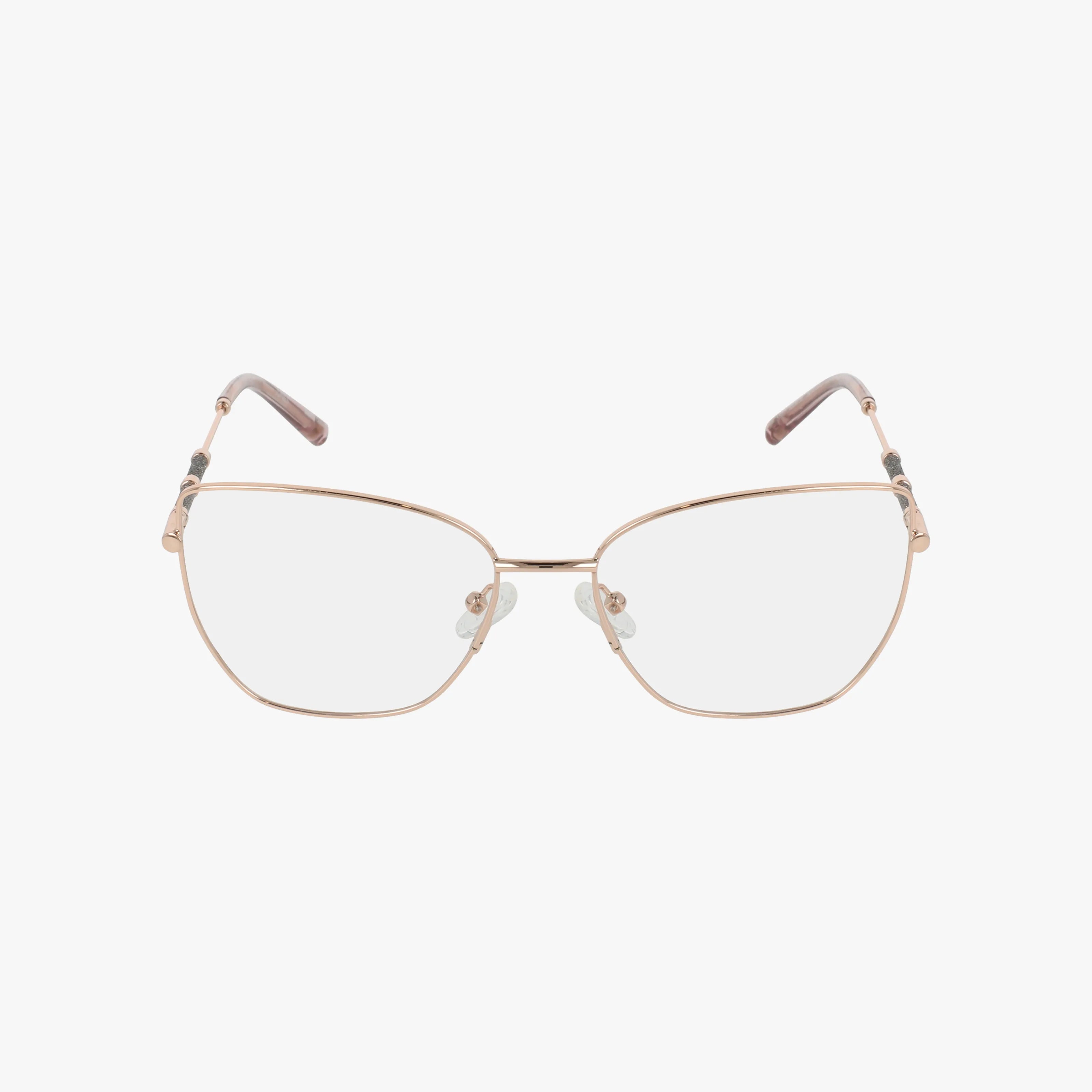 The VJON510 gold metal eyeglasses feature thin geometric modern frames, clear prescription lenses, adjustable nose pads, and brown-tipped arms, shown against a plain white background.