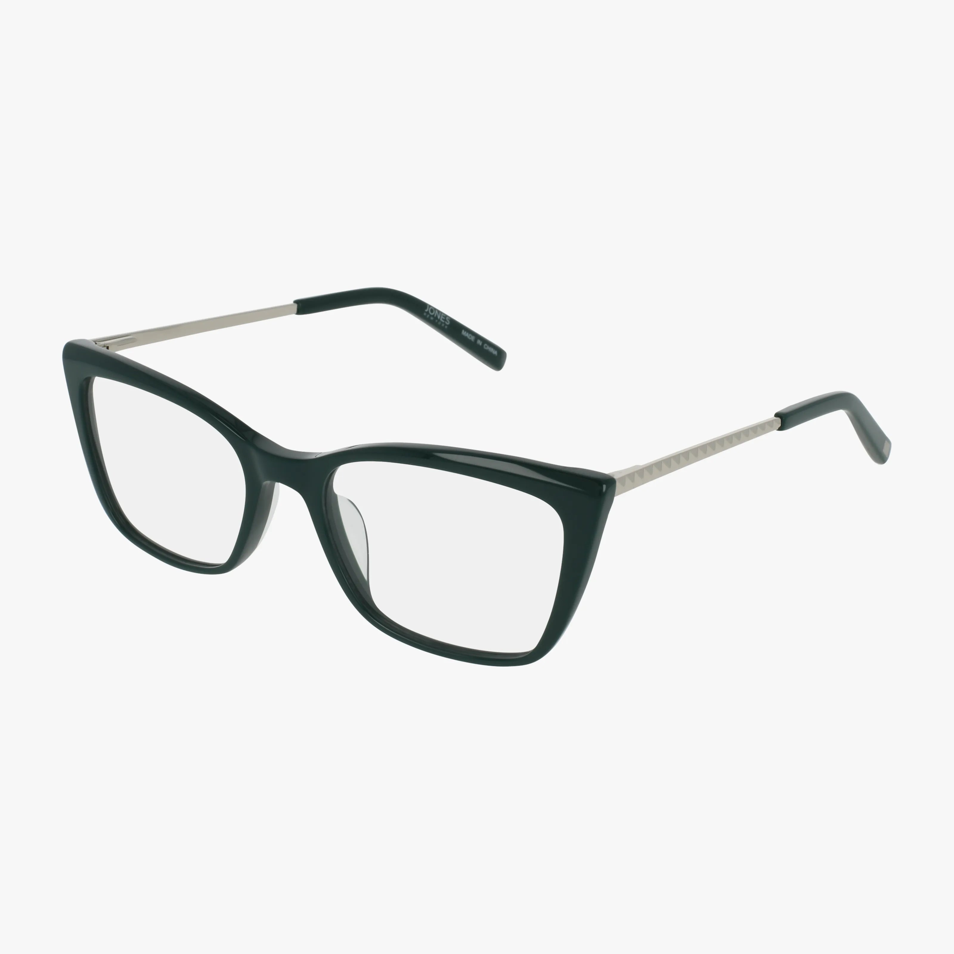 The VJON803 eyeglasses feature a black rectangular design with thick plastic frames and slim metallic silver arms. Lightweight and perfect for daily wear, they are displayed on a white background.
