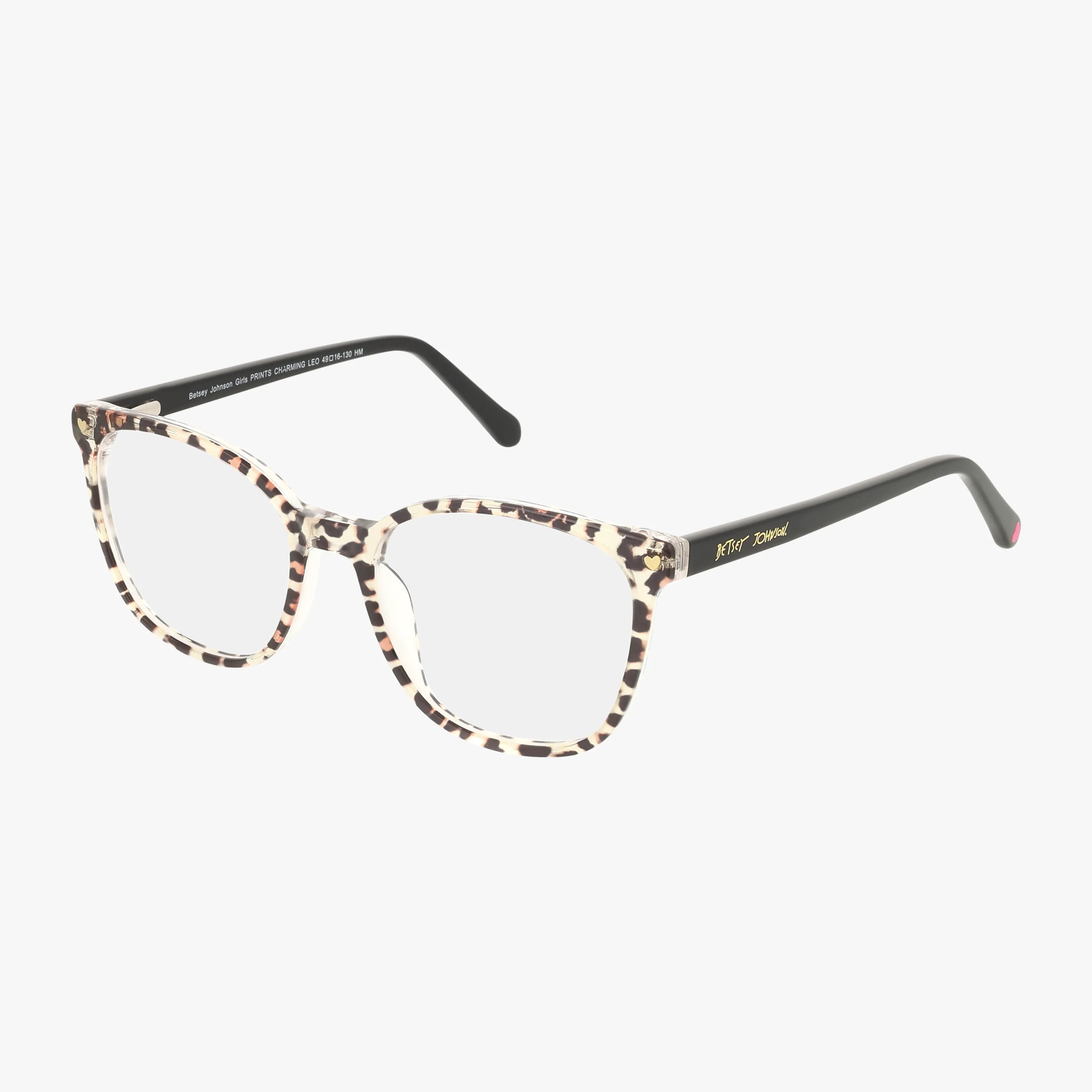 PRINTS eyeglasses feature square, clear lenses with wide leopard-print front frames, black arms, and gold text by the hinges. This Betsy Girls style stands out against a plain white background.