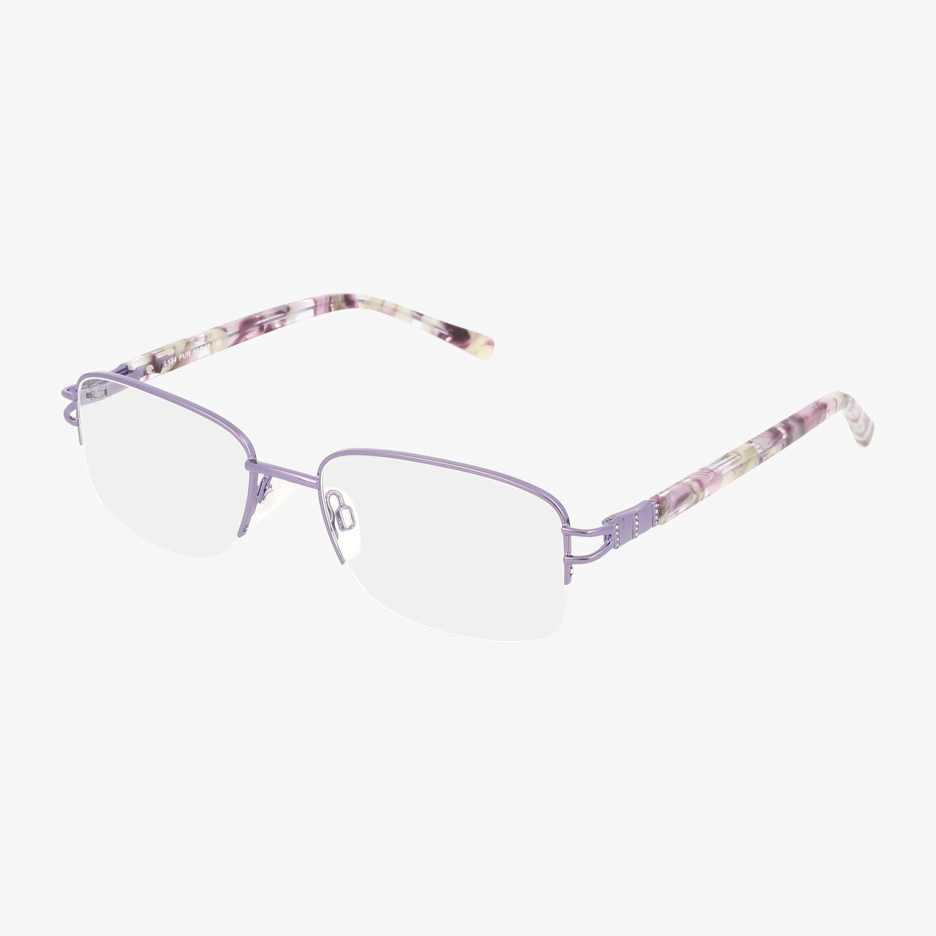 L134 rectangular eyeglasses feature a resilient frame, light purple metal front, and marbled purple-and-white patterned temples, shown on a white background for a modern look.