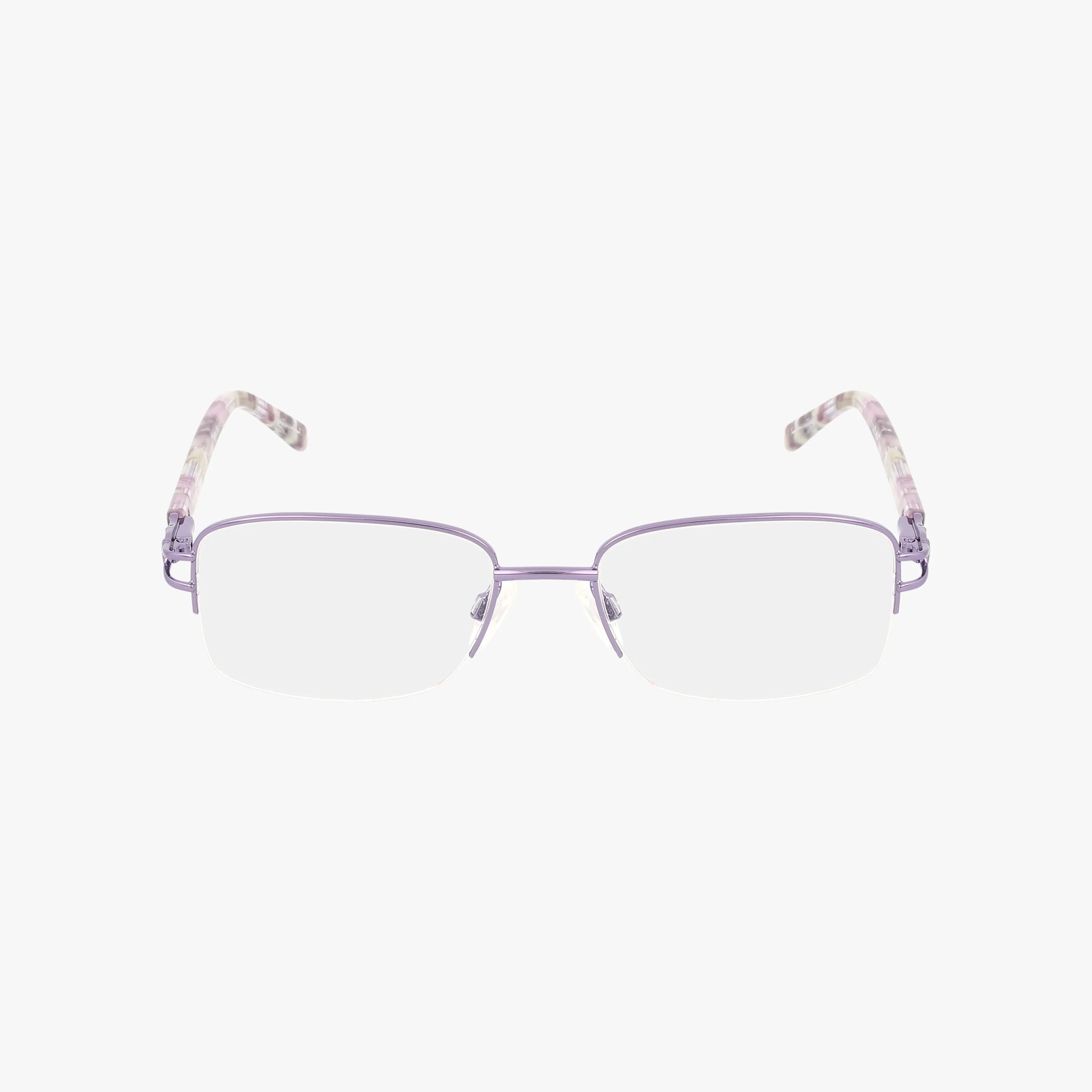 The L134 eyeglasses feature a rectangular, rimless design with a resilient light purple metal frame and patterned, translucent arms, shown on a white background.
