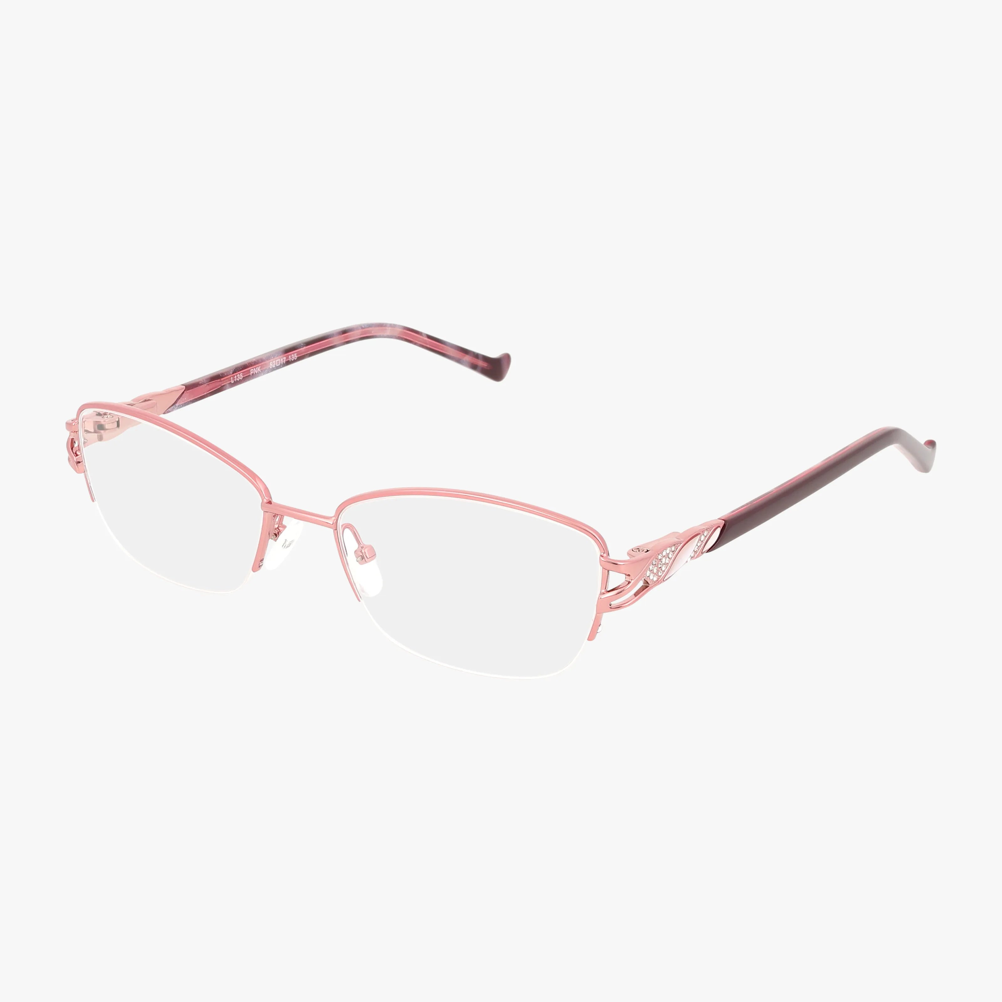 The L135 eyeglasses feature a pink, semi-rimless frame with decorative metal temples and Transitions lenses, blending strength and style on a white background.