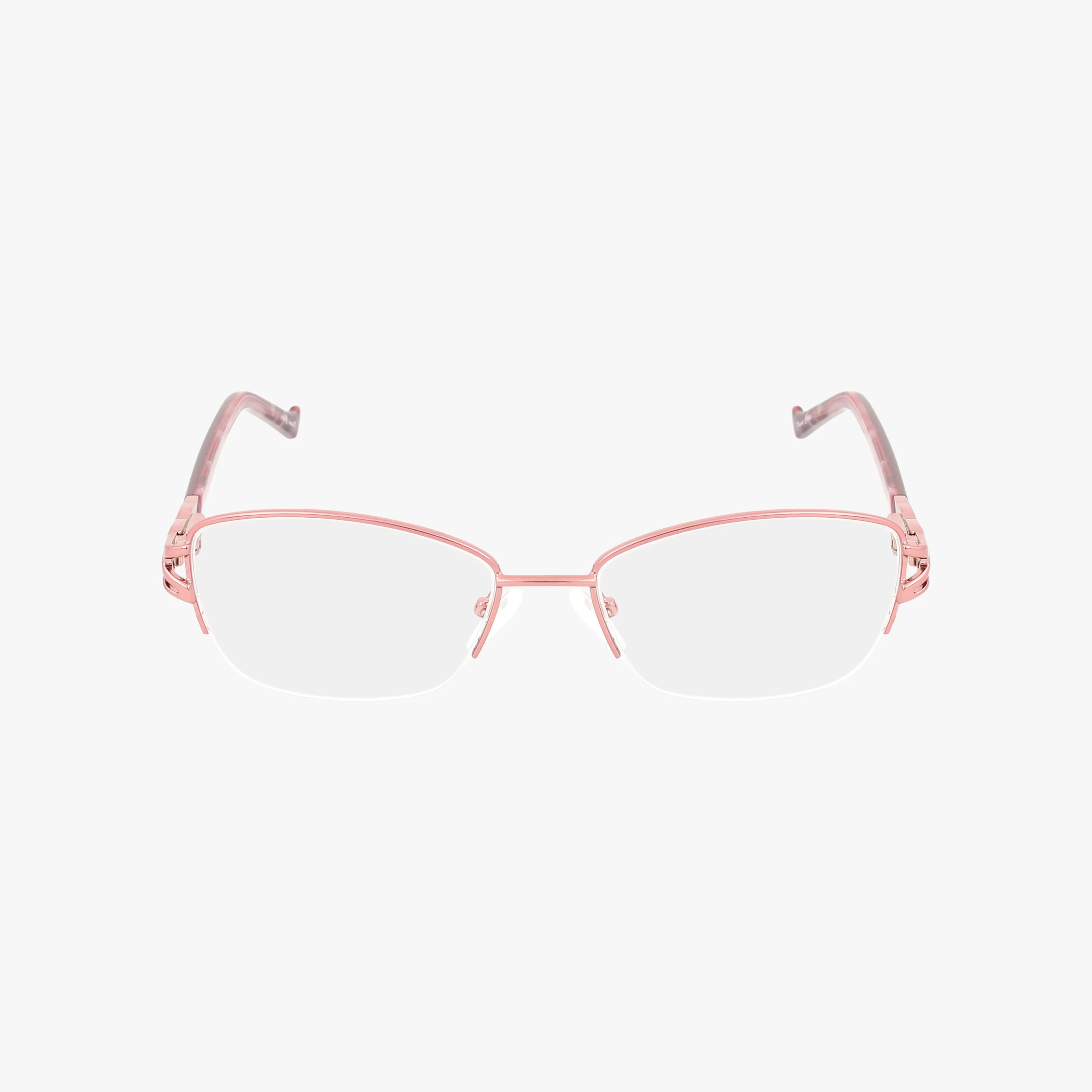 The L135 is a pair of pink, semi-rimless eyeglasses with rectangular lenses and thin metal frames, featuring Transitions lenses, displayed against a plain white background.