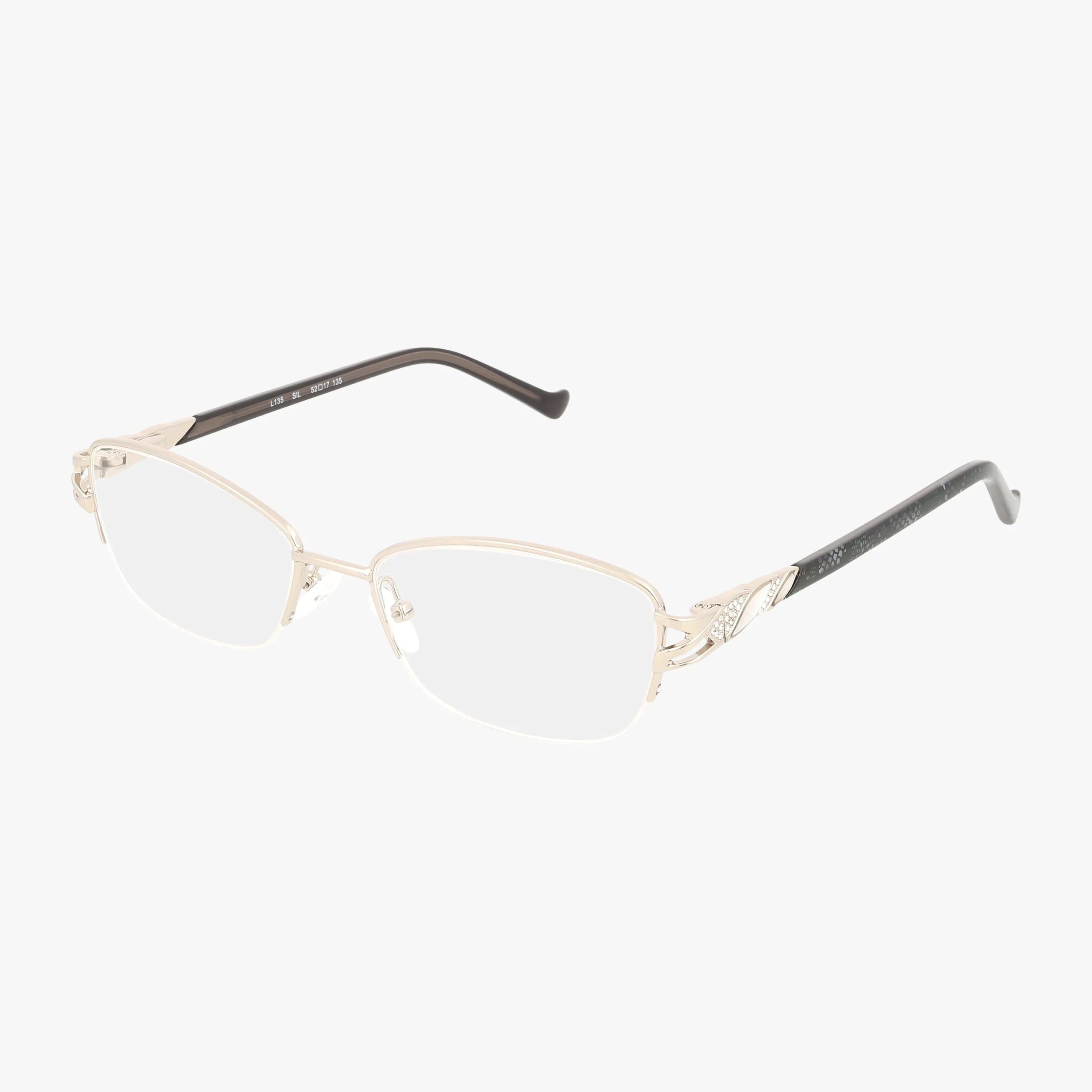 The L135 is a pair of gold, semi-rimless eyeglasses with clear Transitions lenses, intricate temple detailing, and black curved arms, showcased on a plain white background for a stylish look.