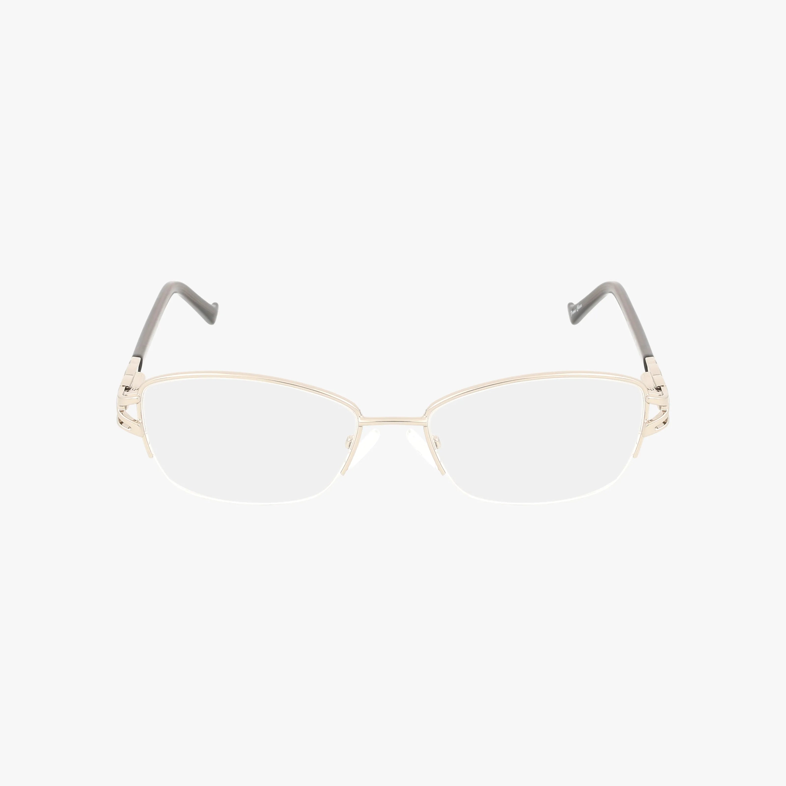 The L135 rimless eyeglasses feature thin metal frames, clear Transitions lenses, and gray temple arms for a sleek look and daily durability, showcased against a plain white background.