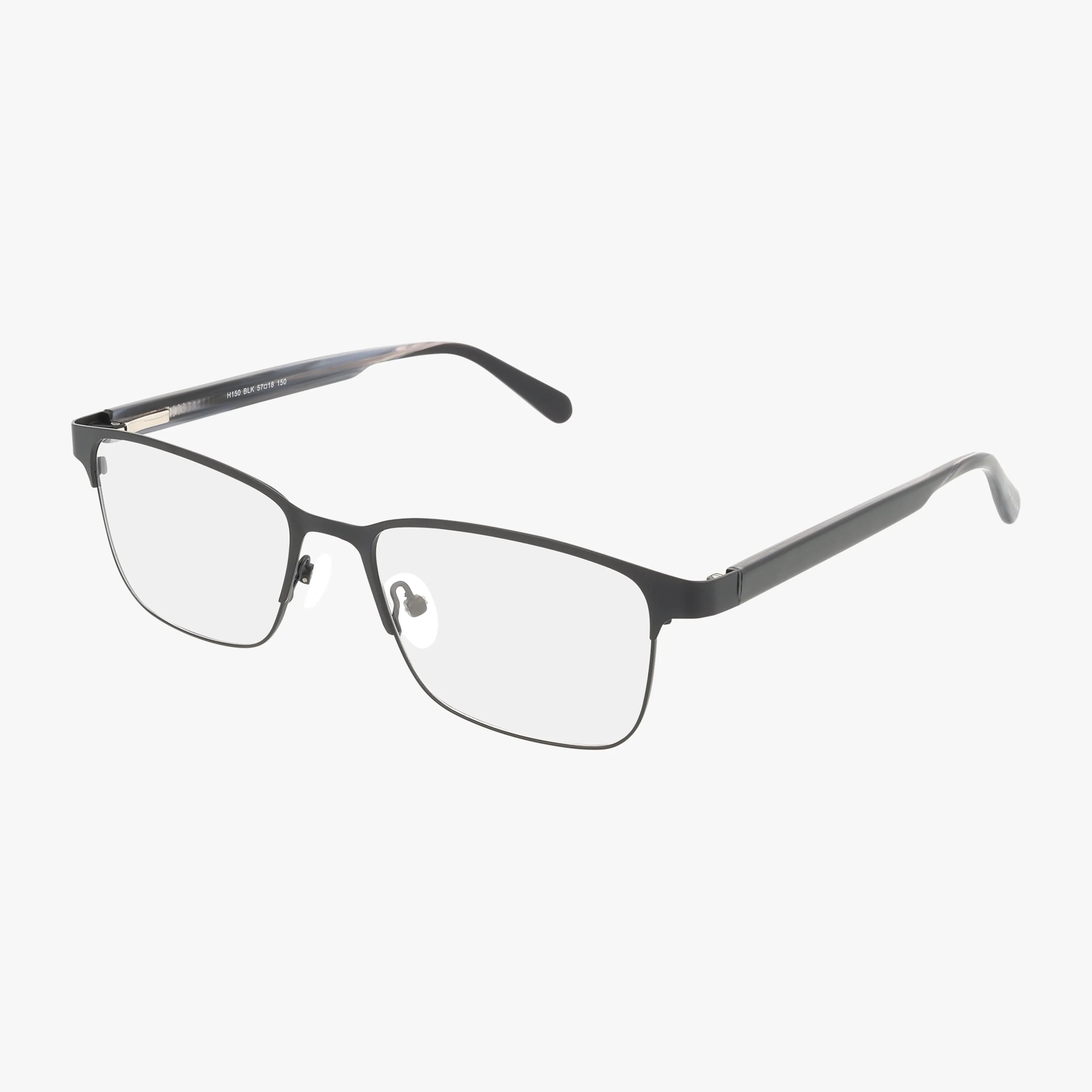 The H150 eyeglasses feature black rectangular thin metal frames, clear lenses, and adjustable nose pads—ideal for outdoor enthusiasts or anyone buying glasses online. Displayed on a white background.