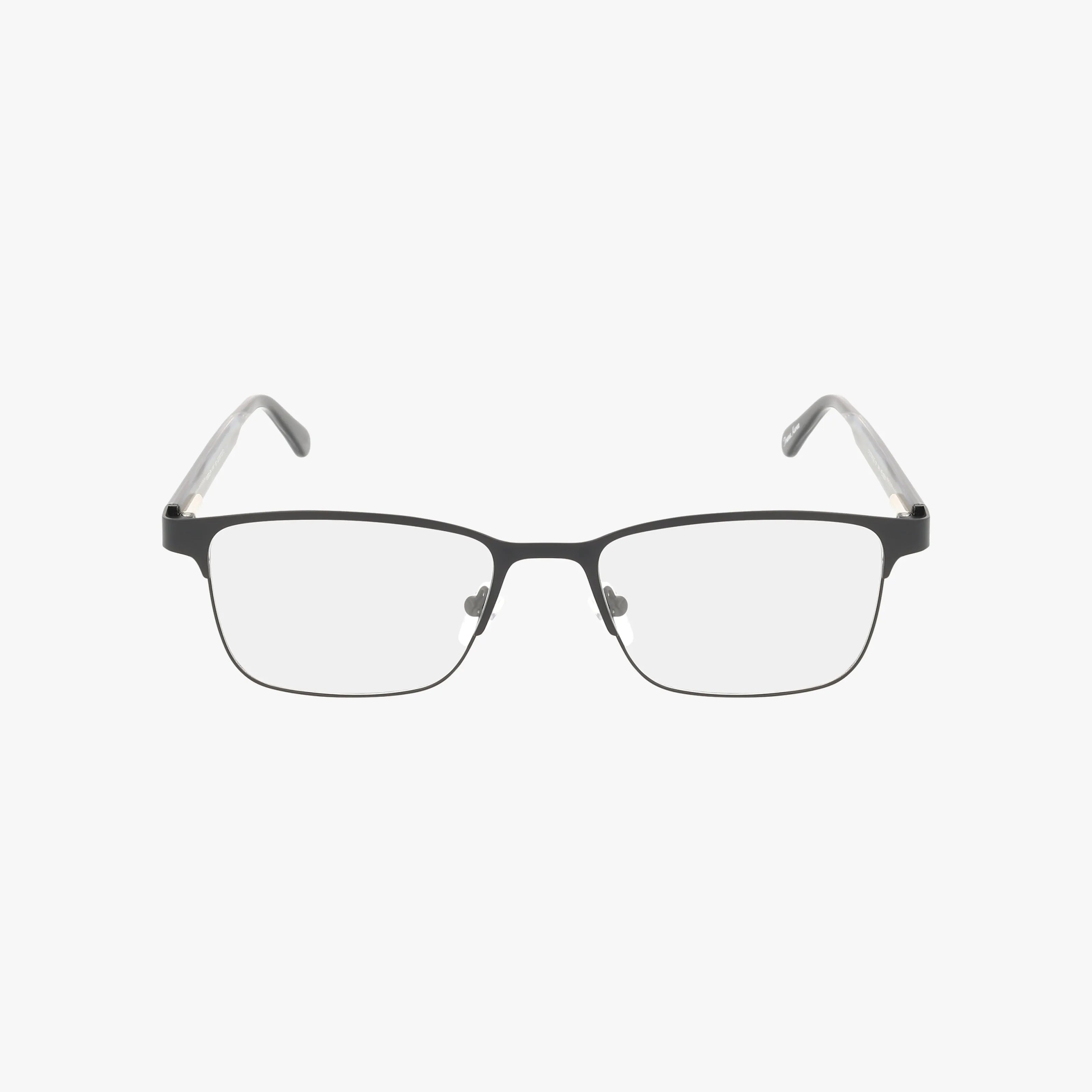 The H150 features rectangular eyeglasses with thin black metal frames and clear plastic temple tips, ideal for buying glasses online, shown on a plain white background.
