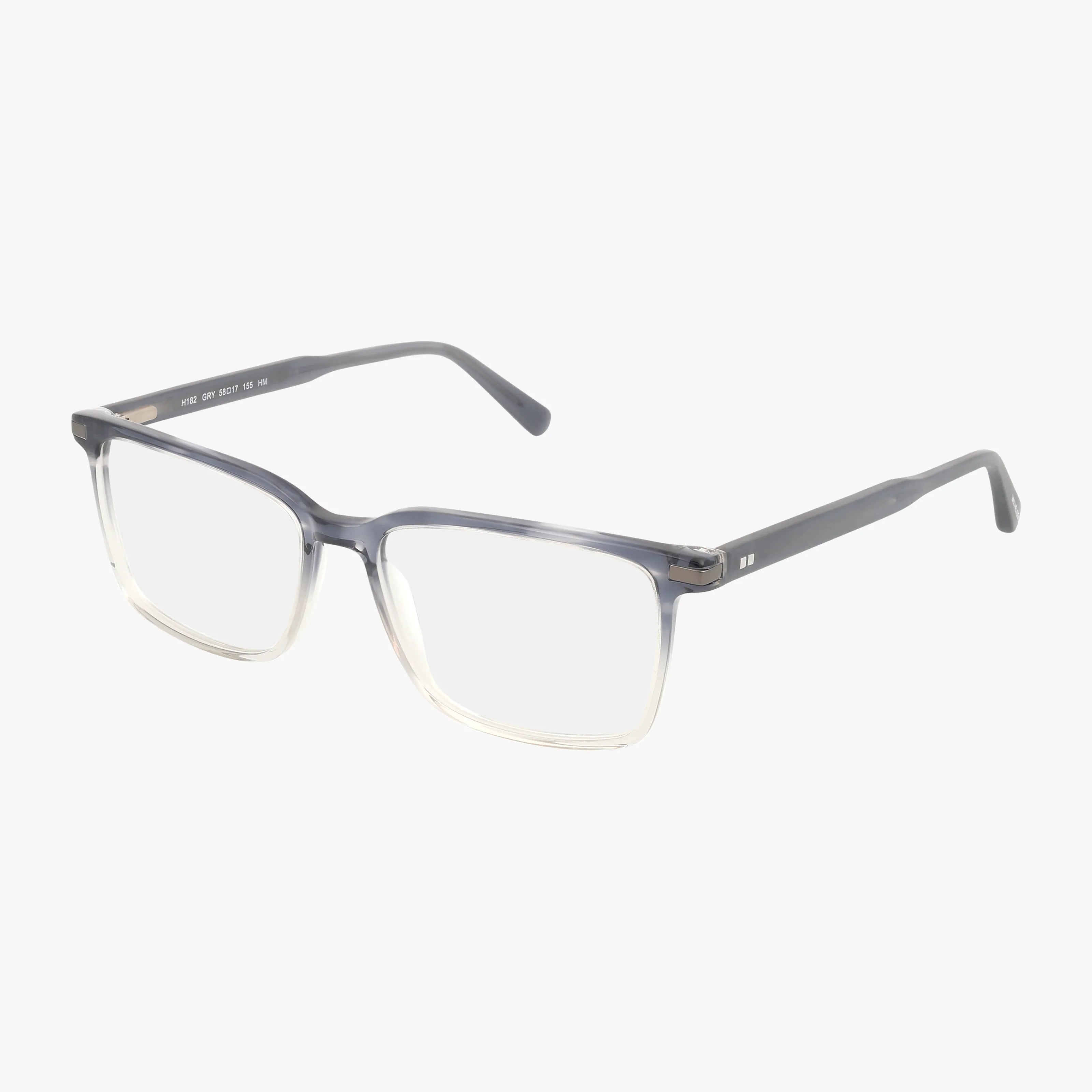 The H182 rectangular eyeglasses feature Transitions lenses, transparent lower rims, and dark gray upper rims and arms, showcased on a white background for a stylish yet durable appearance.