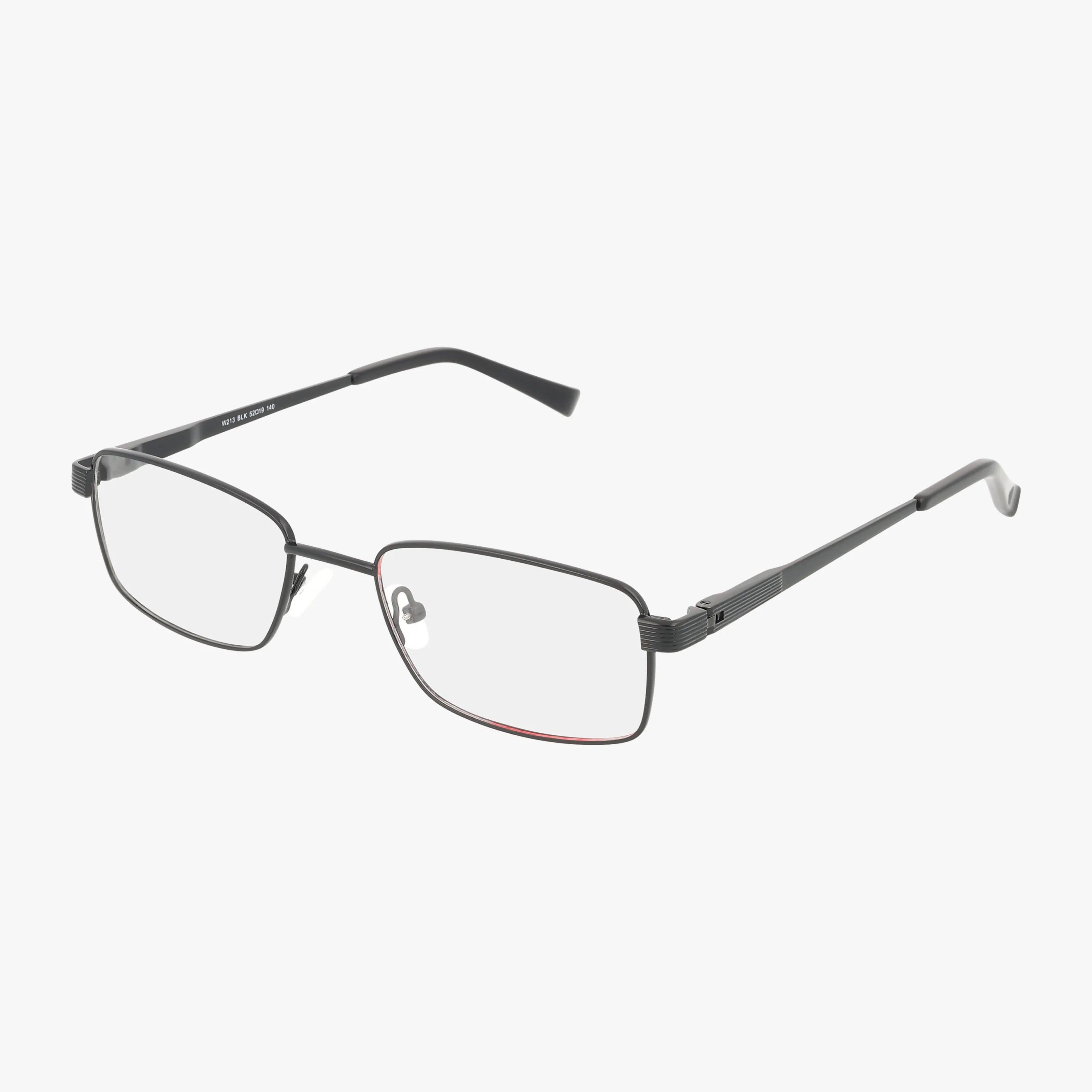 The W213 features rectangular black eyeglasses with a stylish thin metal frame, clear lenses, adjustable nose pads, and slightly curved temple arms, shown against a plain white background.