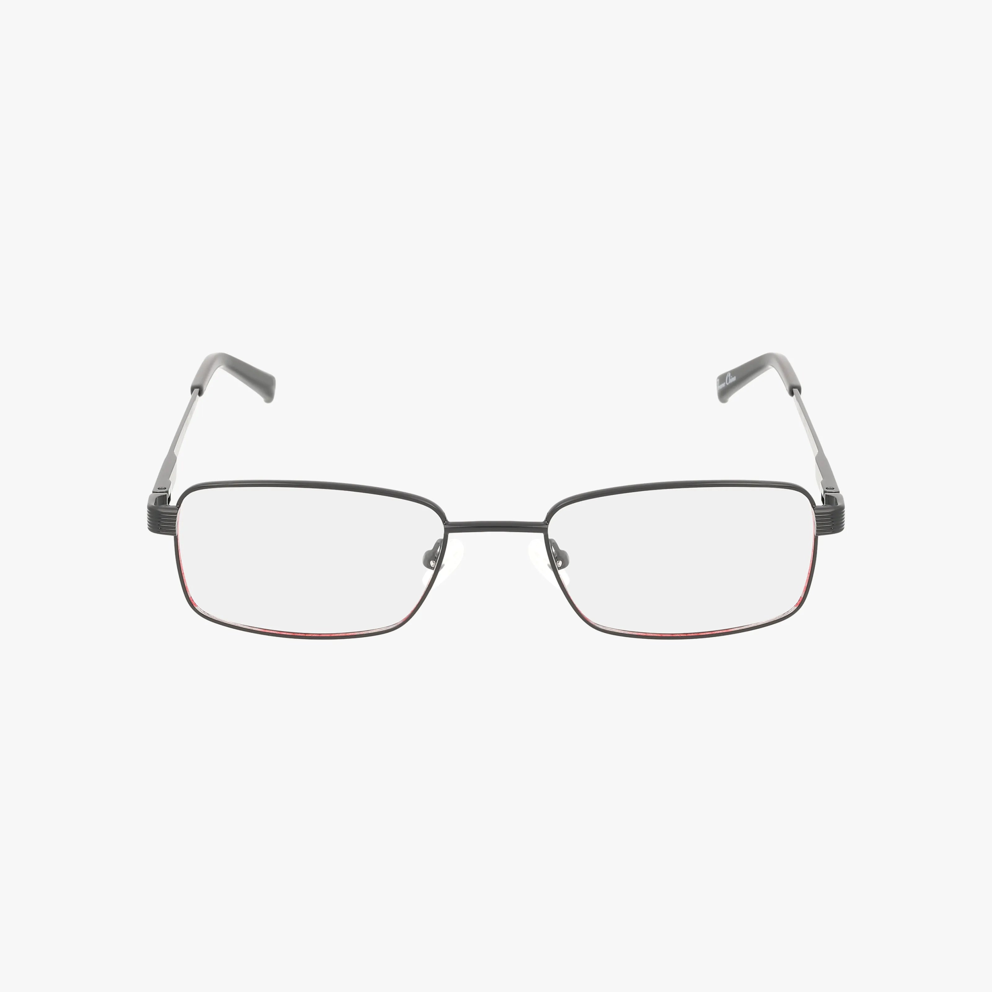 The W213 features stylish, rectangular black rims with thin metal construction and clear lenses, shown facing forward against a white background.