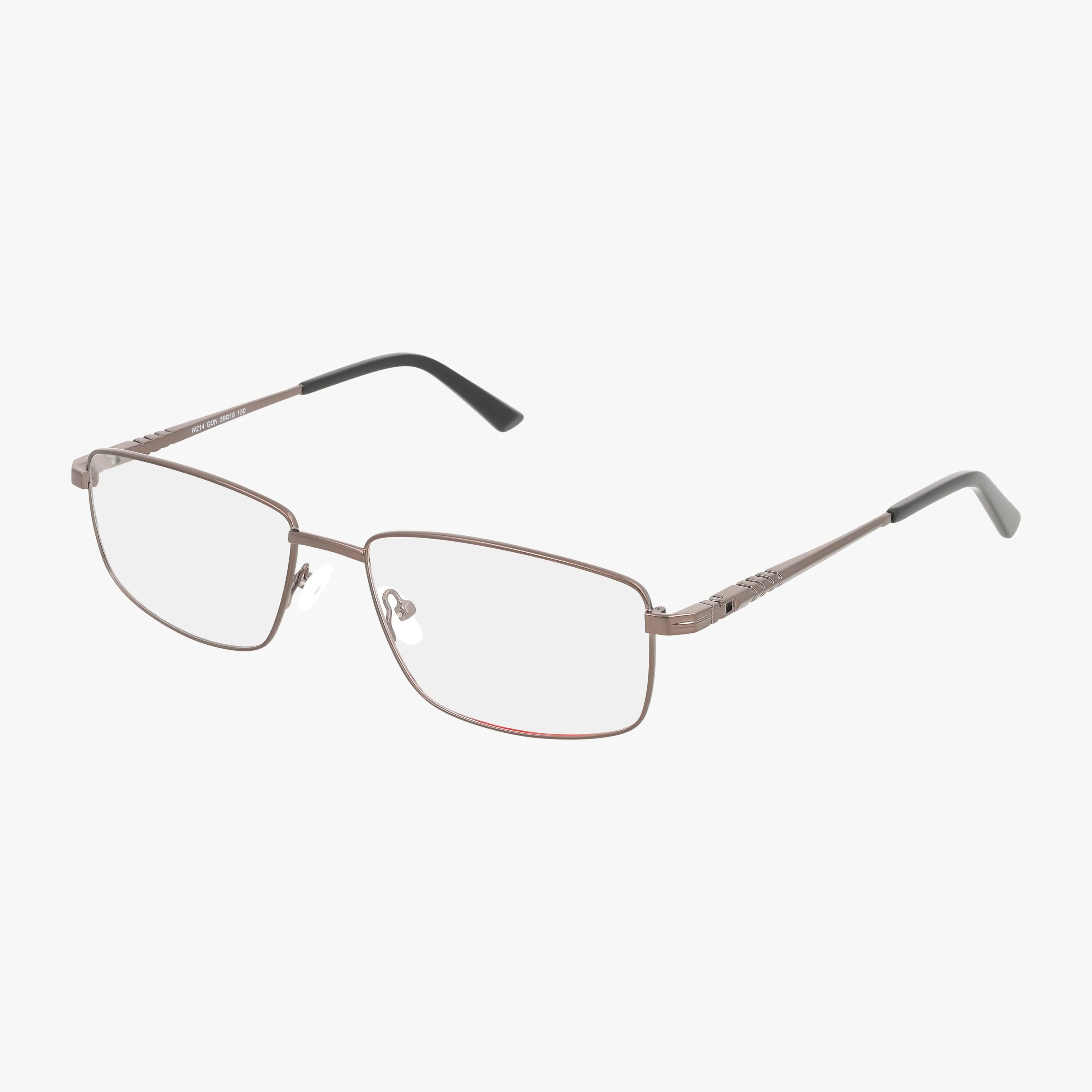 The W214 features rectangular, thin metal eyeglass frames with clear progressive lenses, adjustable nose pads, and black temple tips, creating a sleek look against a white background.